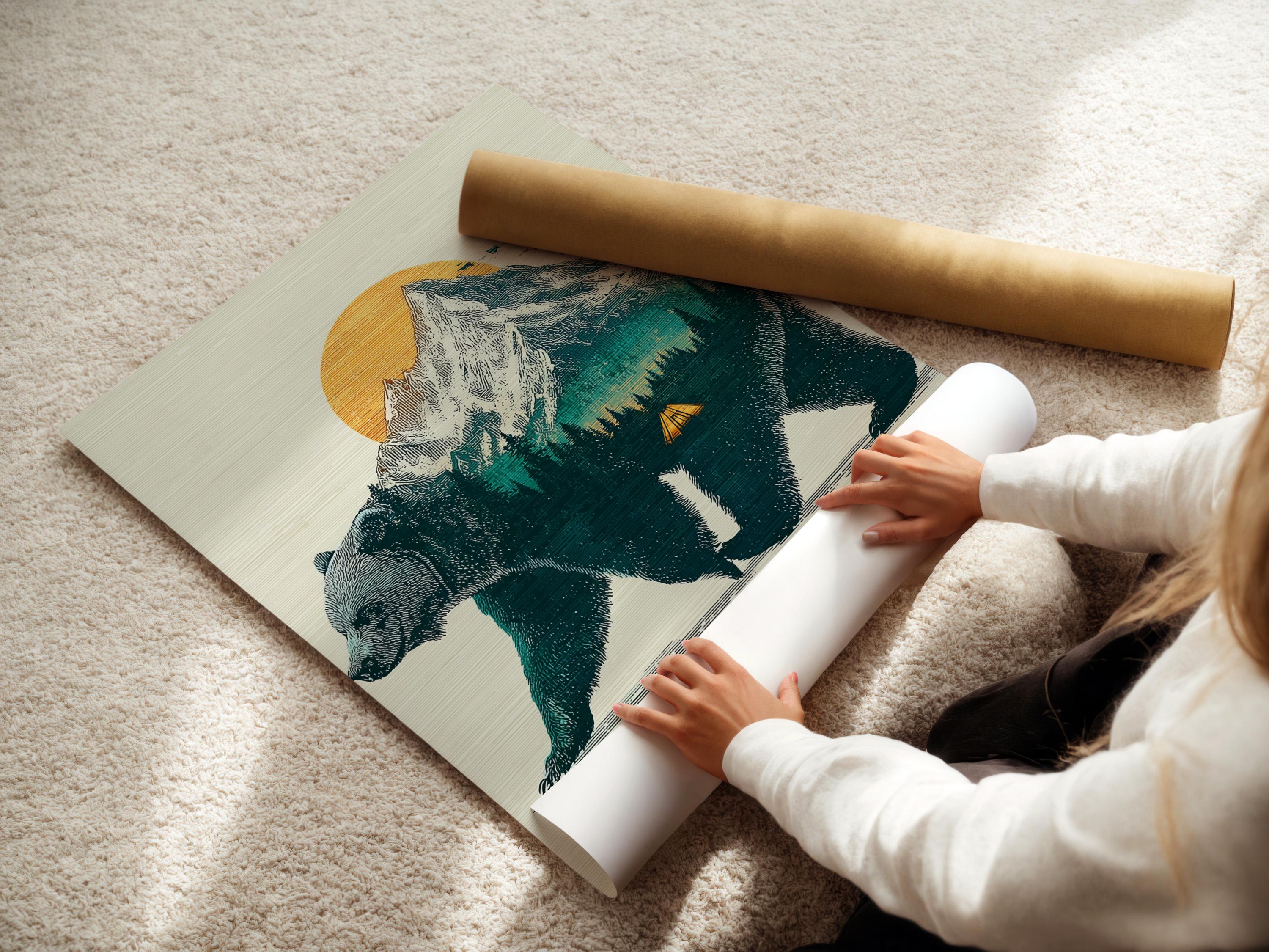 Illustration of a teal bear walking with a mountain and orange sun in the background detail view
