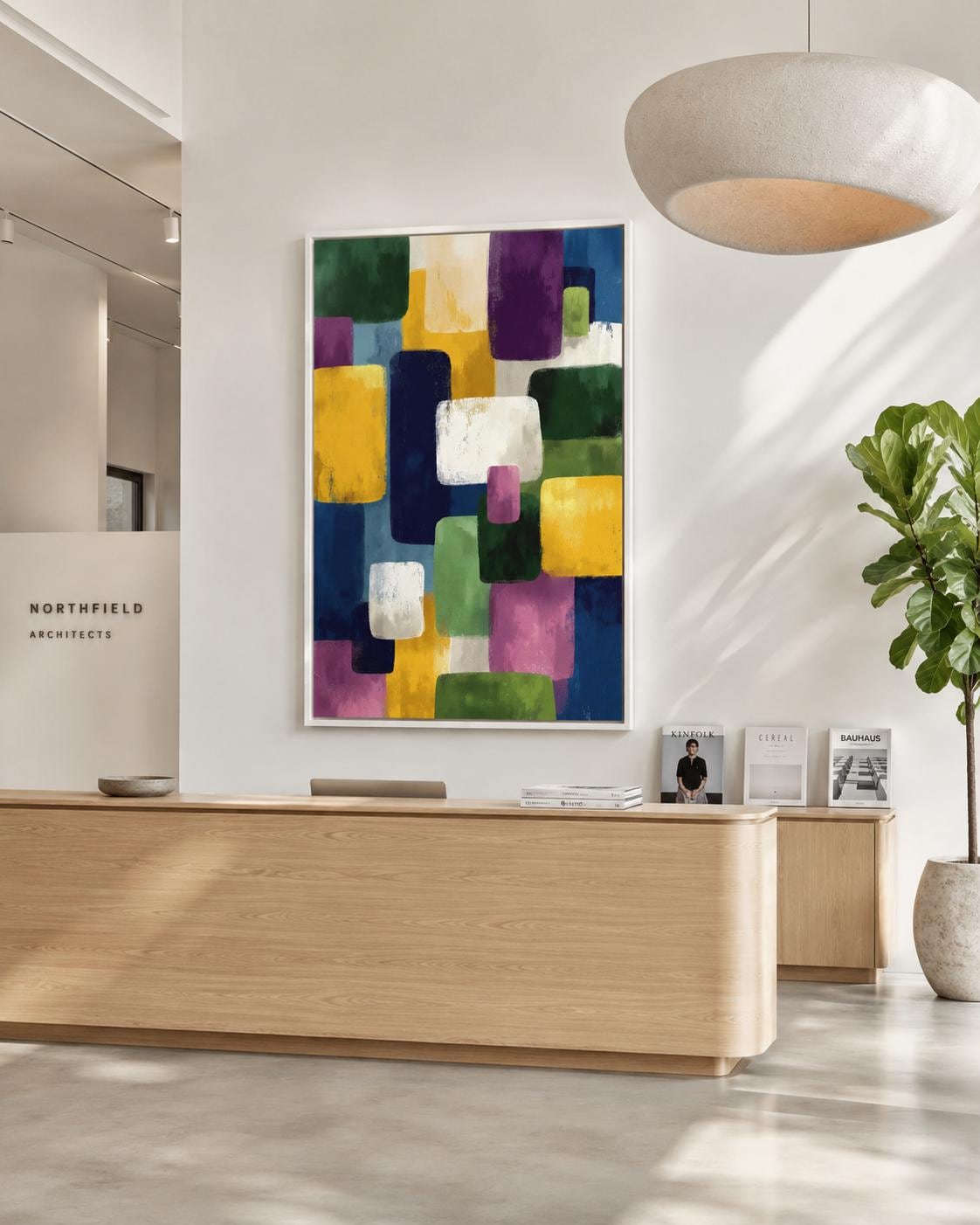 A framed geometric abstract artwork features overlapping colourful blocks—green, yellow, purple, blue and white—arranged in an irregular, layered