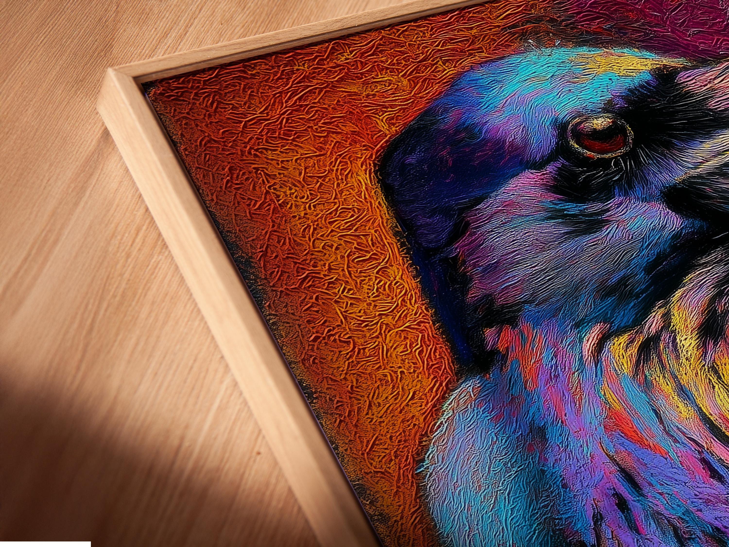 A raven portrait artwork displayed in a barbershop setting