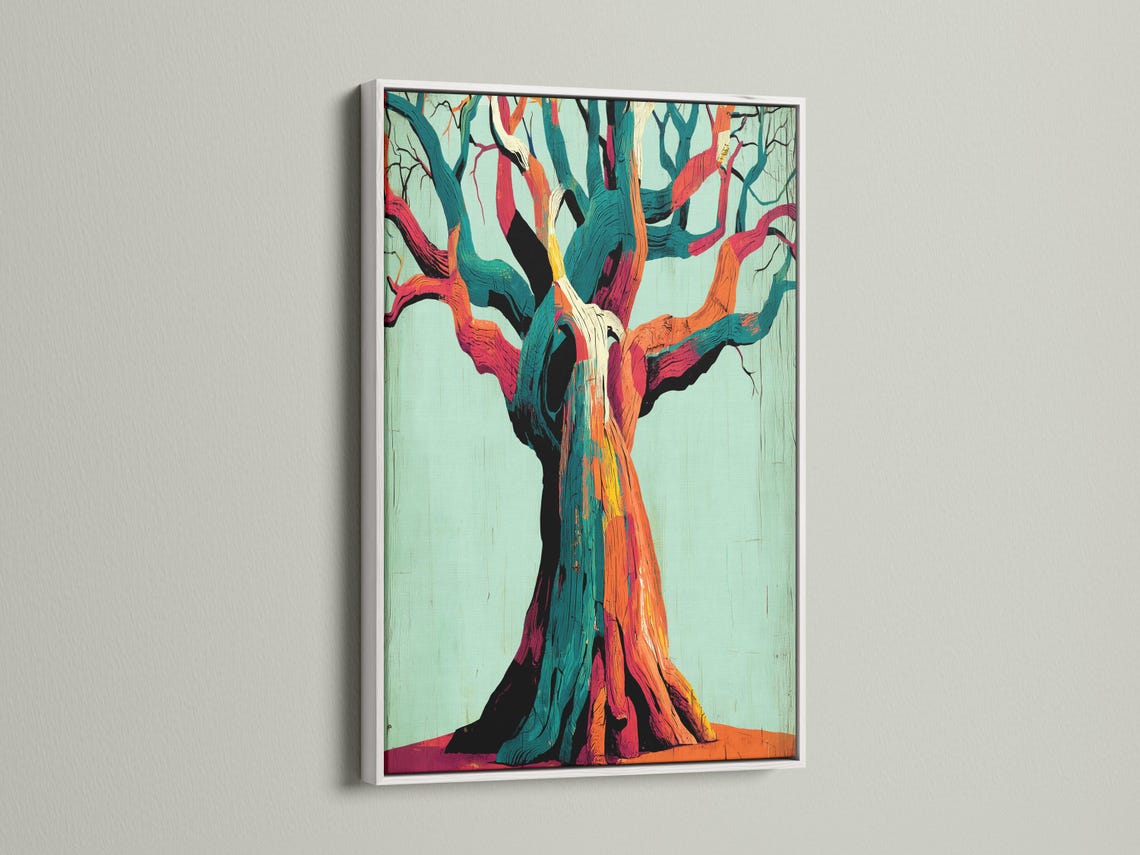 Stylised abstract tree with teal, orange and magenta branches on a pale mint background detail view