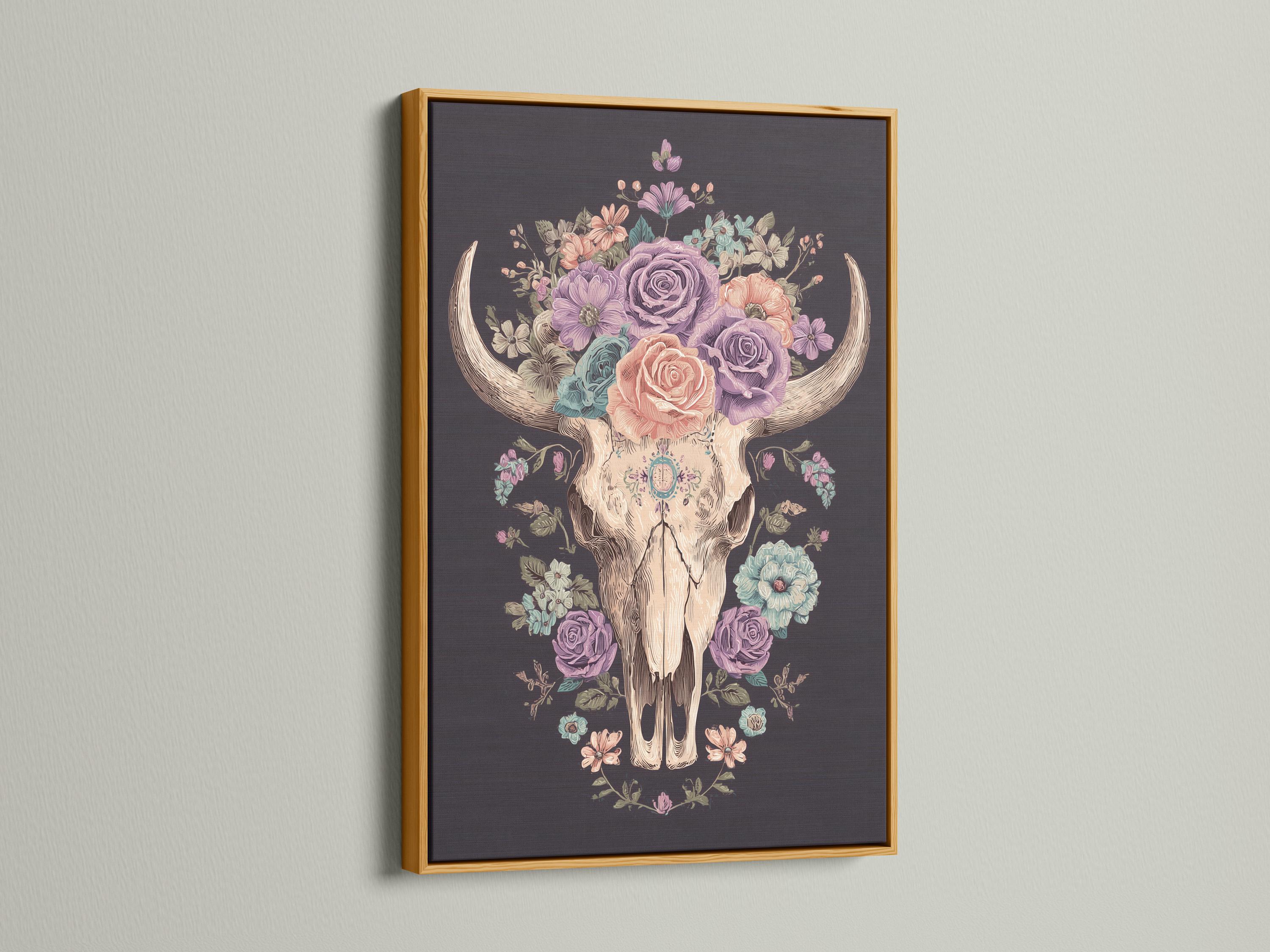 Pastel floral bull skull wall art with a rose crown and horns on a dark background detail view