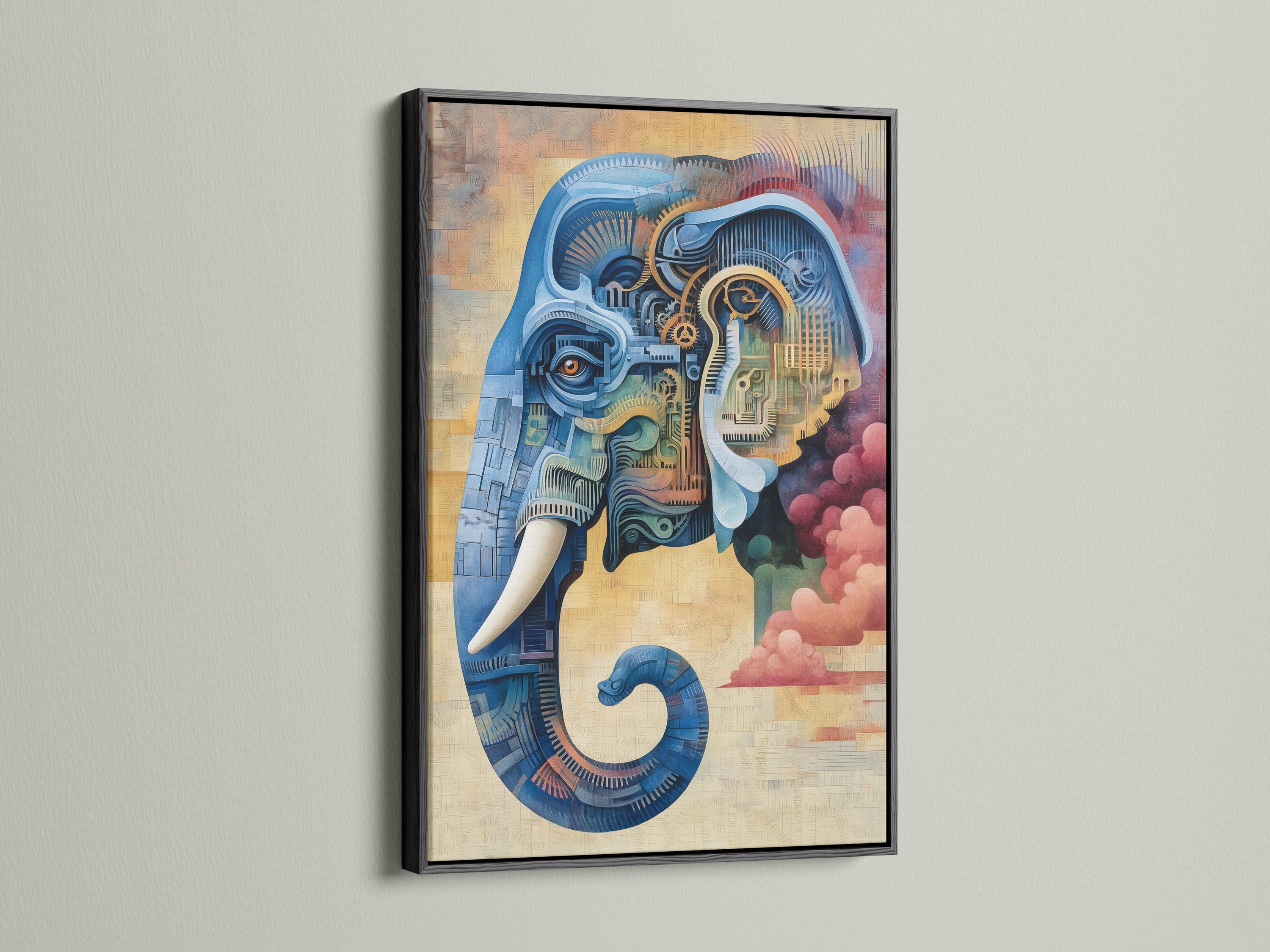 Steampunk-style elephant illustration in blue with gold gear details detail view