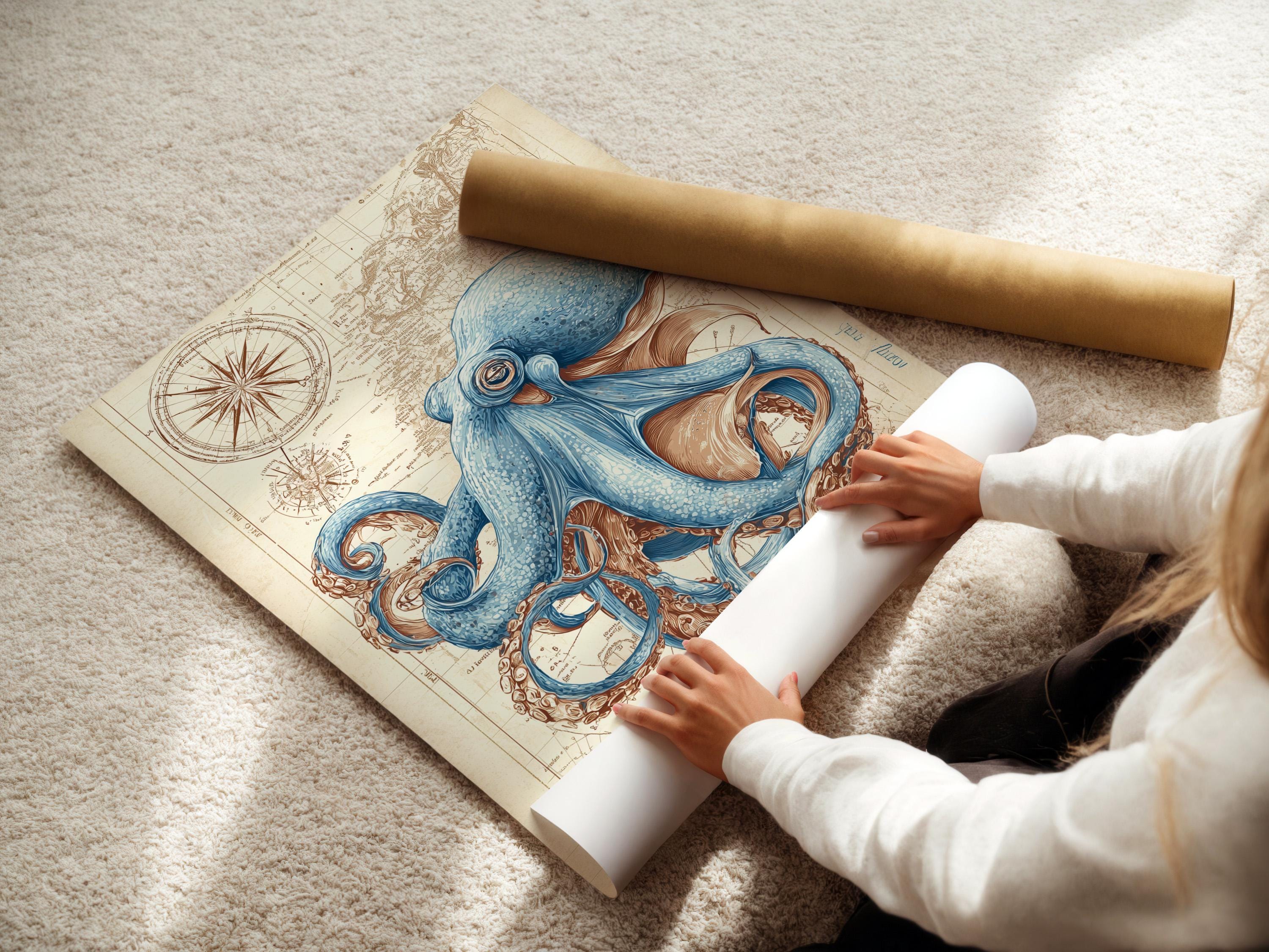 Blue octopus illustration over an antique beige nautical map with compass-like circles detail view