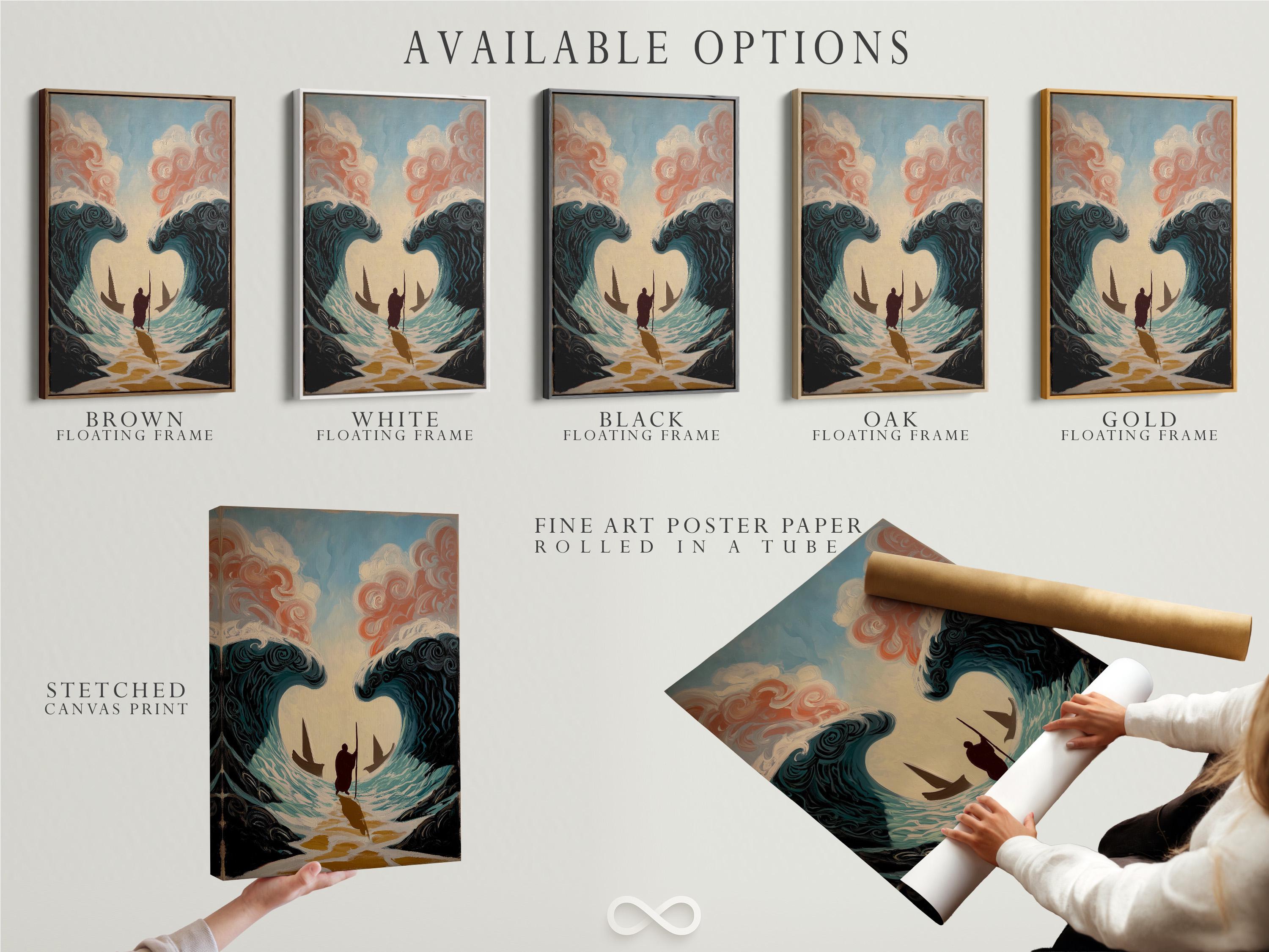 Artwork mockup showing an ocean waves painting on a wall with several angled frame previews