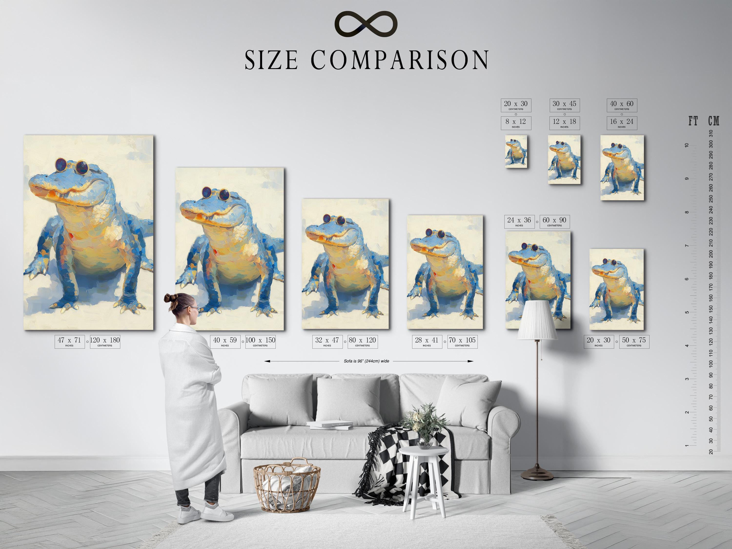 Blue alligator illustration wearing round sunglasses on a cream textured background detail view