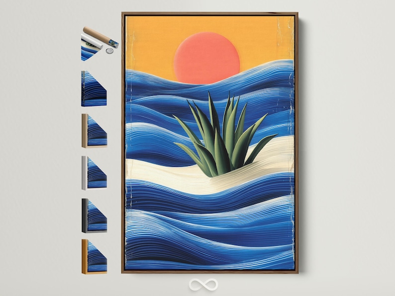 Sunset over stylised ocean waves with spiky green plants and pale sandy foreground