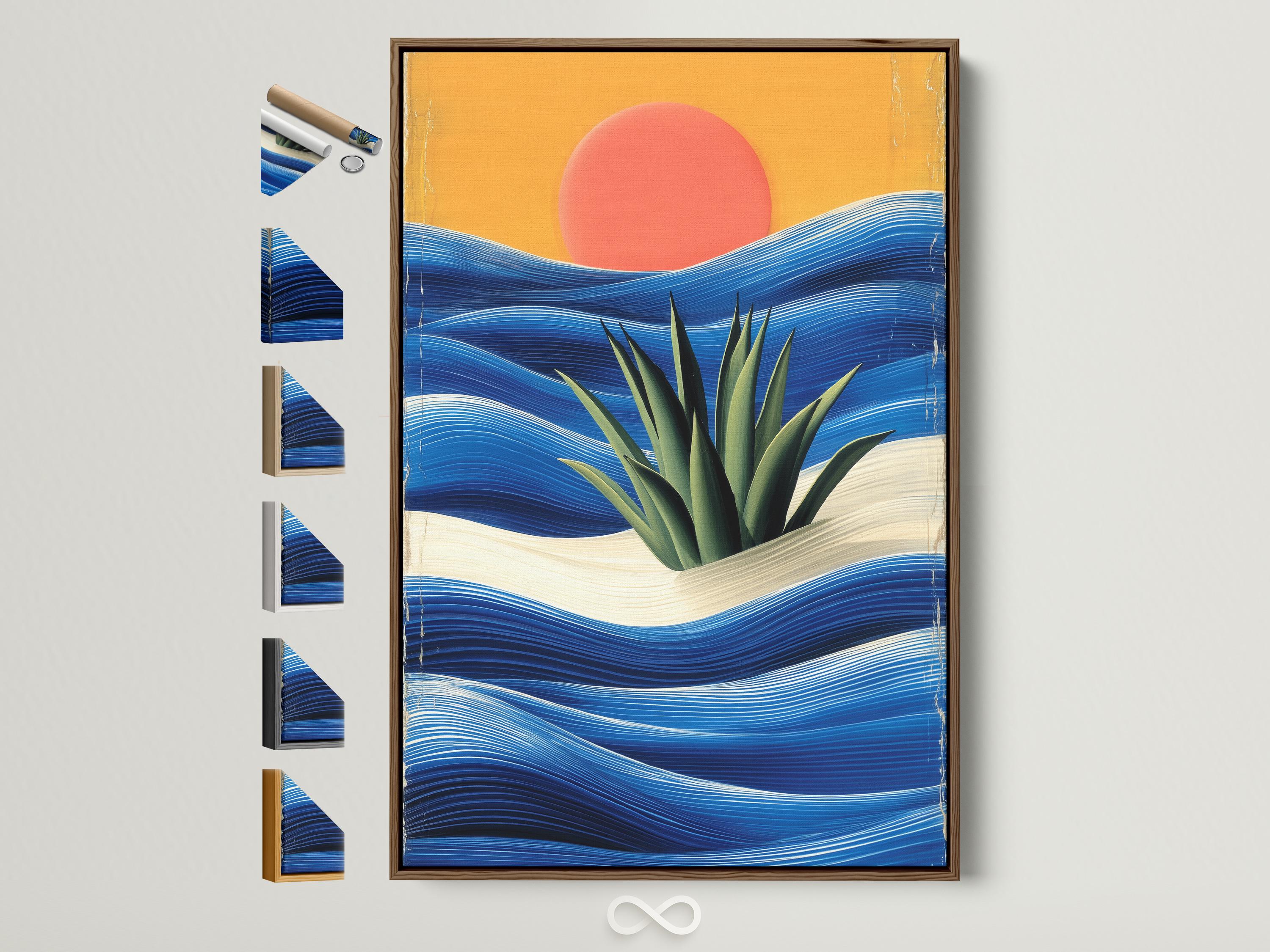 Sunset over stylised ocean waves with spiky green plants and pale sandy foreground
