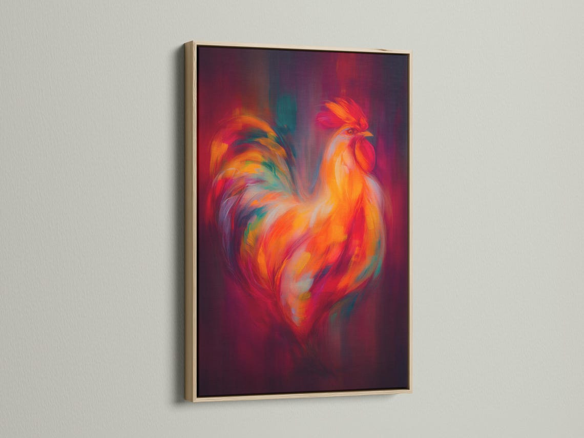 A stylised rooster portrait in vibrant orange and red with a deep purple background detail view