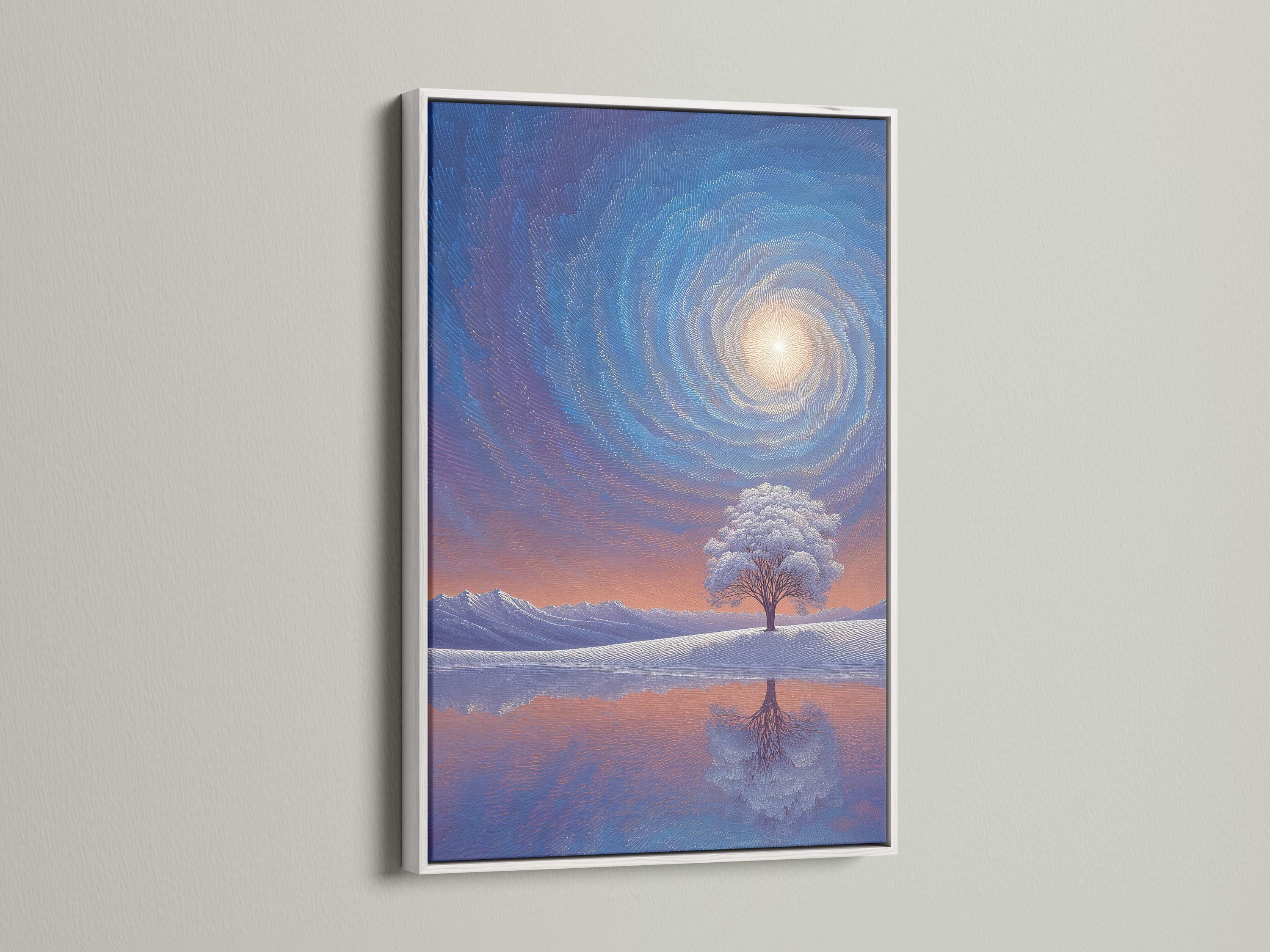 Winter landscape with a lone tree, snowy ground, mountains, and a swirling blue sky with a glowing circle detail view