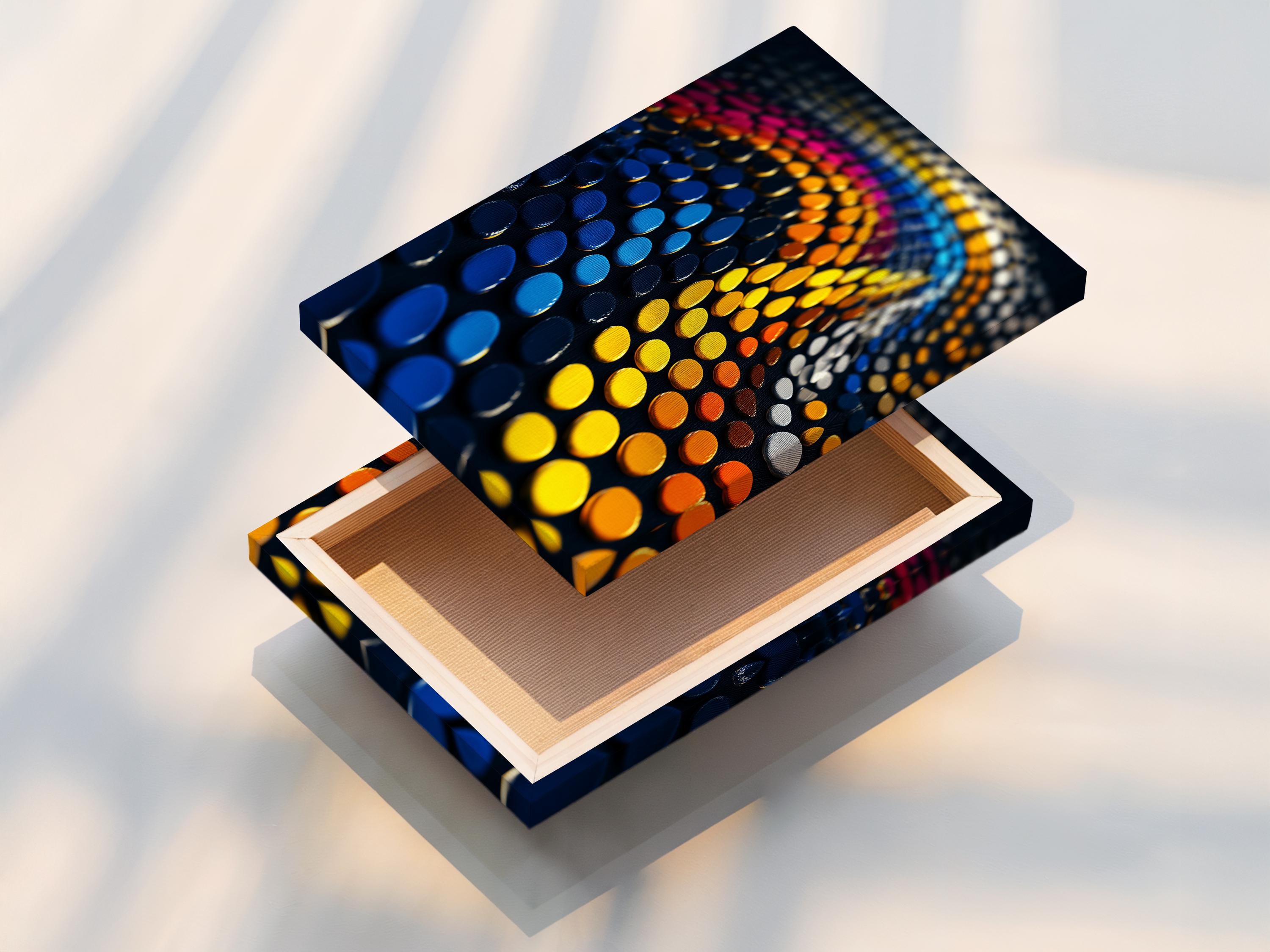 Abstract dots wave in blue, purple, yellow and orange on a dark background detail view