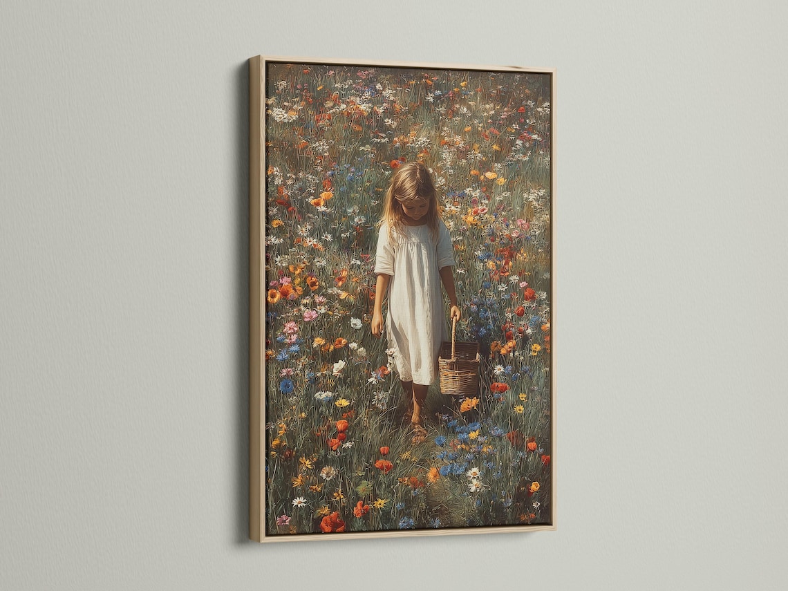 Painterly wildflower meadow scene with a young girl holding a basket and wearing a light dress detail view