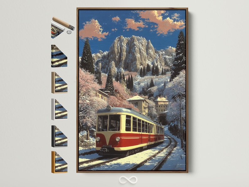 Winter mountain railway scene with a vintage train curving along snowy tracks