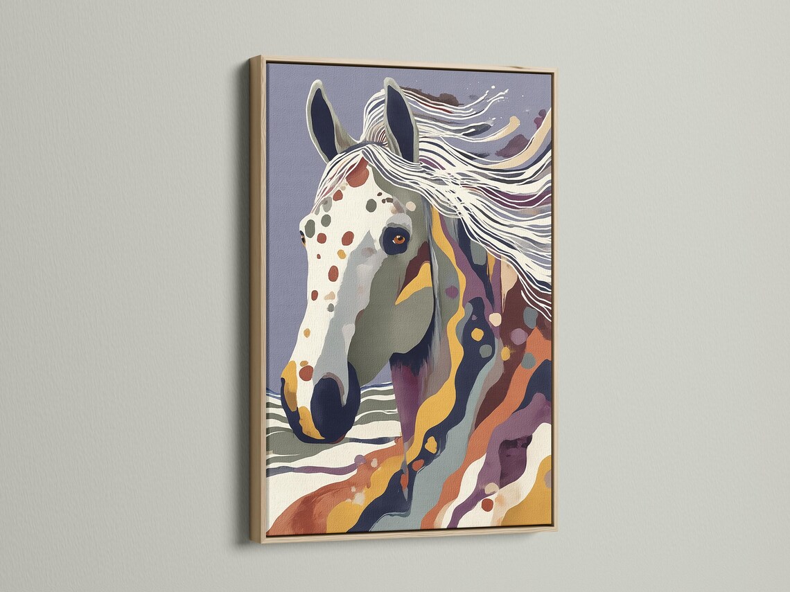 Stylised horse portrait with flowing stripes in blue, purple, cream and gold tones detail view