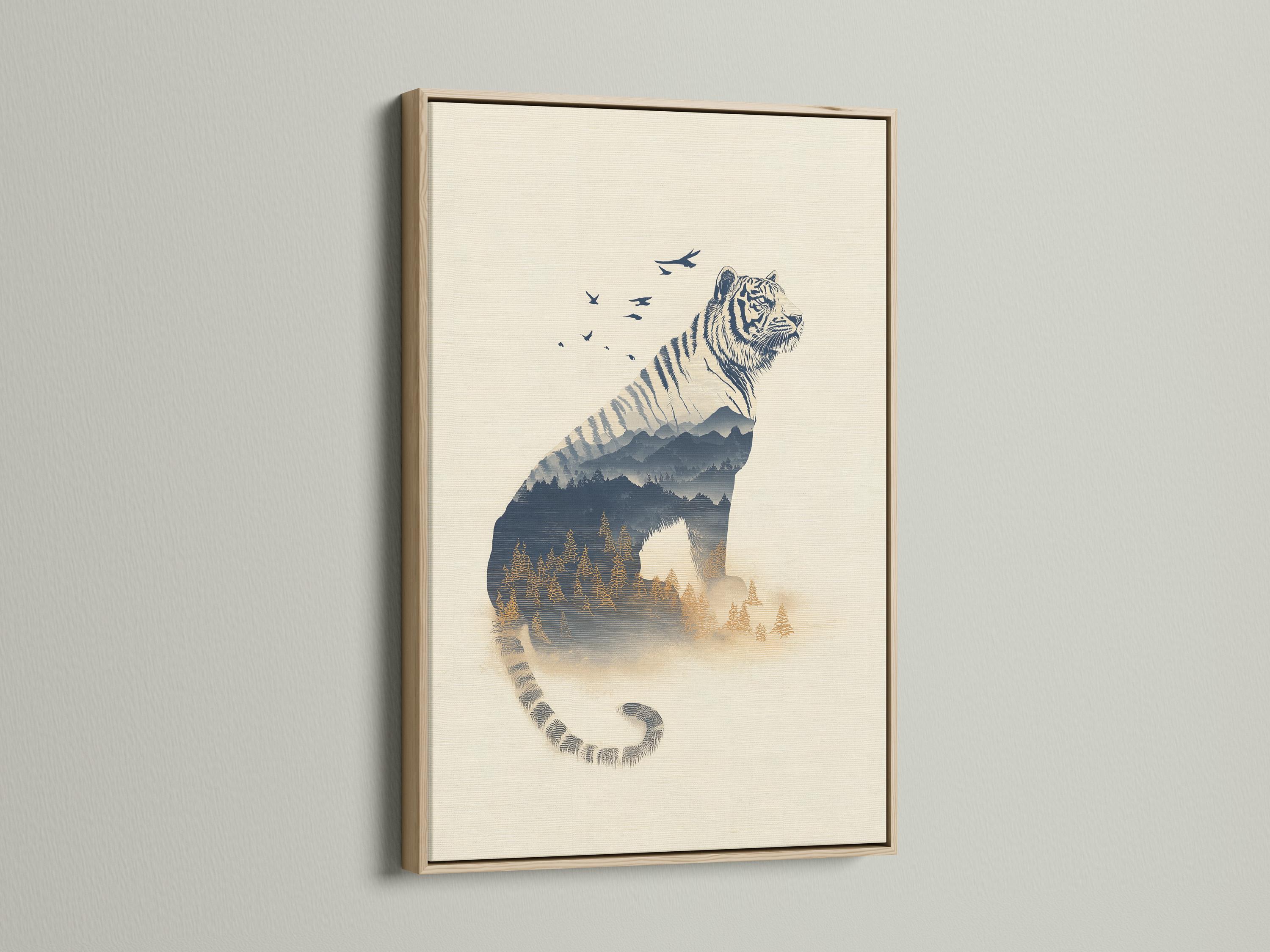 Tiger wall art mockup with double exposure forest layers and birds in flight