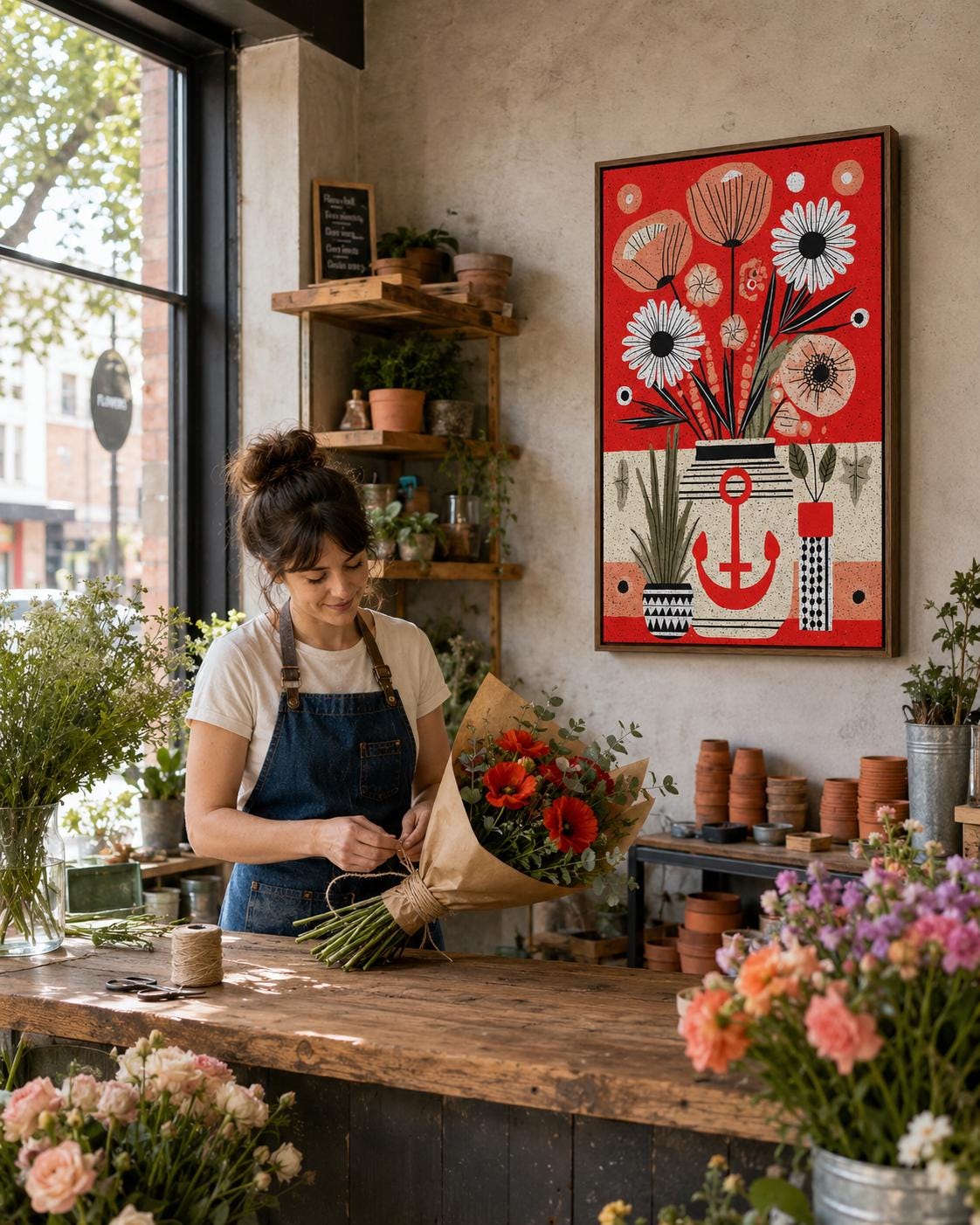 Woman looking at red anchor floral artwork in a modern room