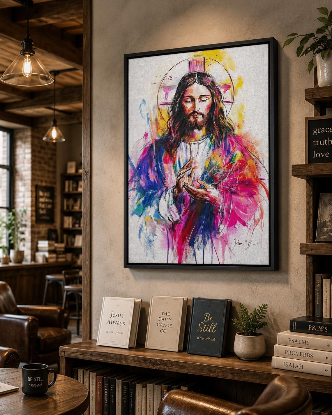 Religious portrait artwork of Jesus with halo displayed above a wooden table in a hallway