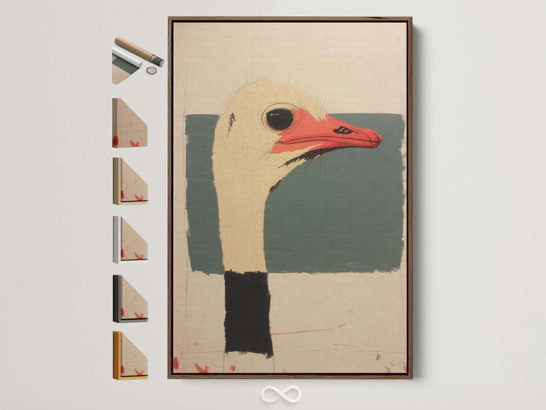 Stylised ostrich head portrait with red beak, dark eye, beige and teal shapes