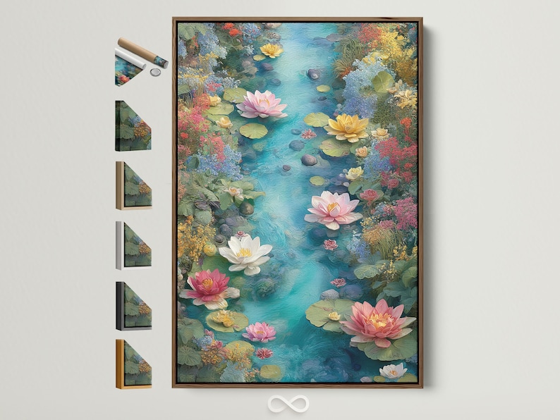 Lotus flowers floating on rippling teal pond water with lily pads