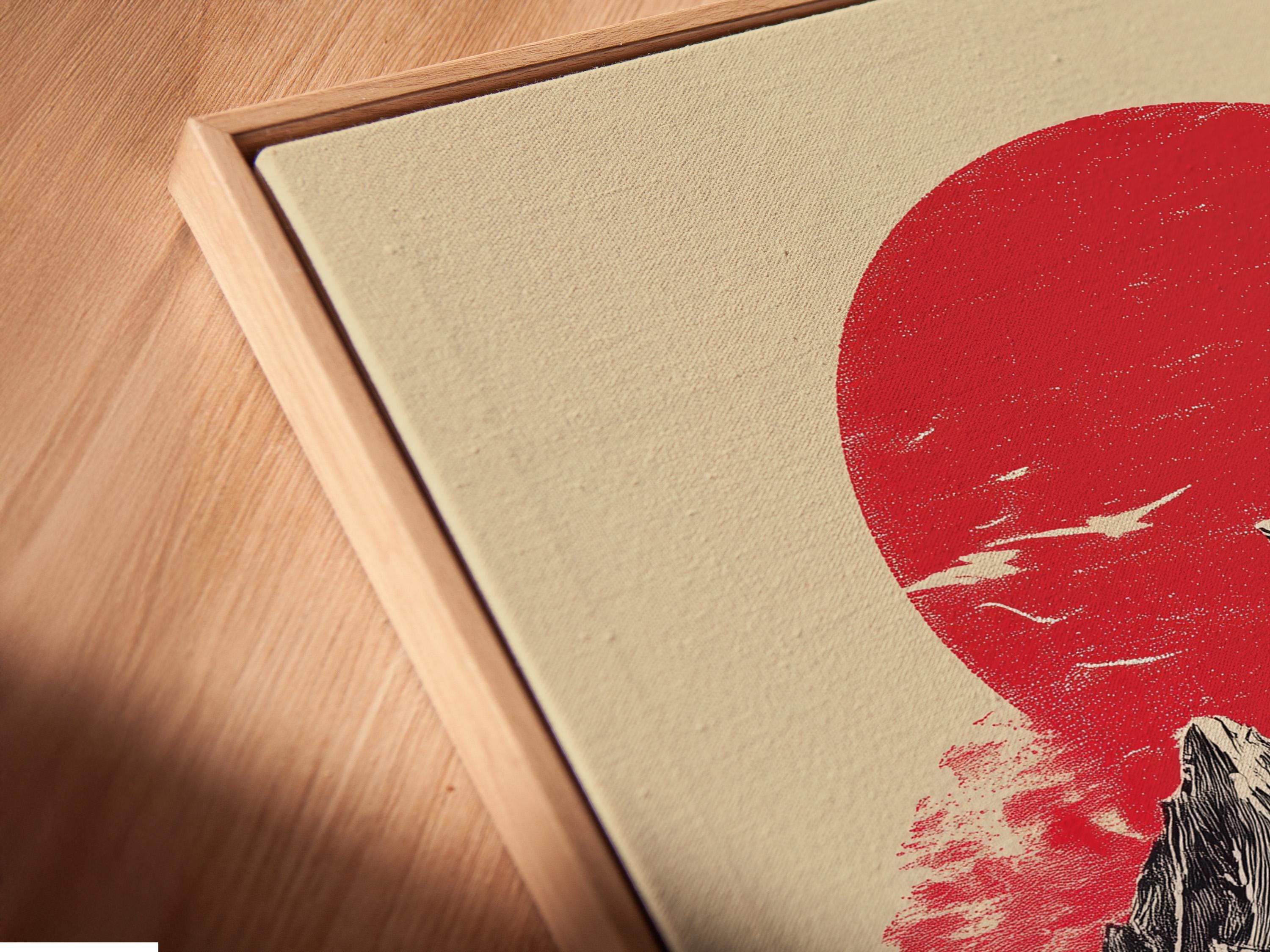 Mountain landscape artwork with a red sun, monochrome peaks, and a ribcage-like figure detail view