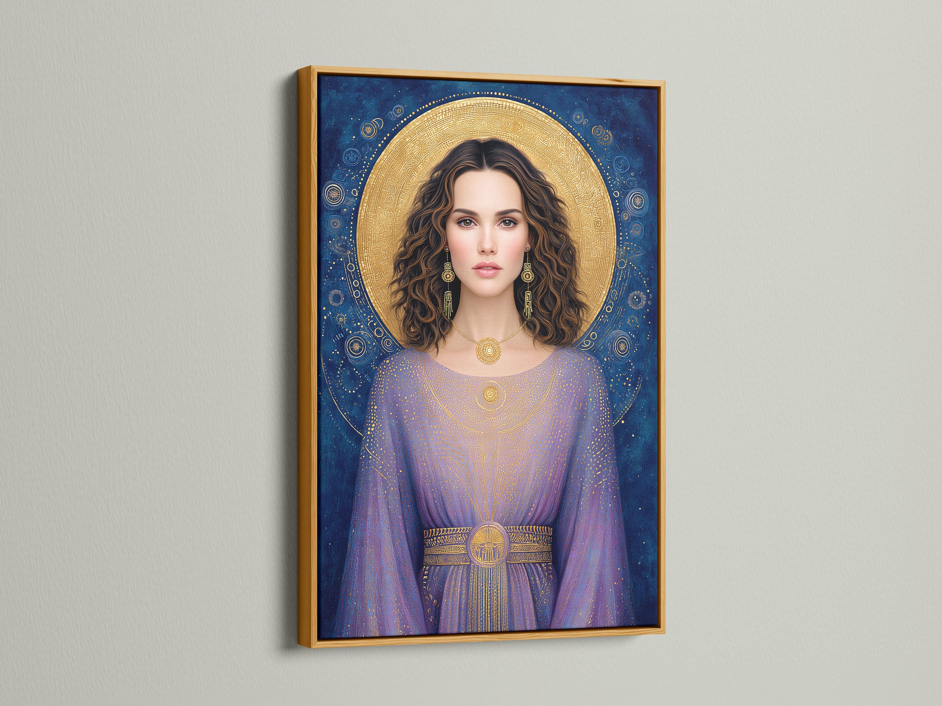 Celestial goddess portrait with a gold halo, blue and purple robe, and decorative star-like speckles detail view