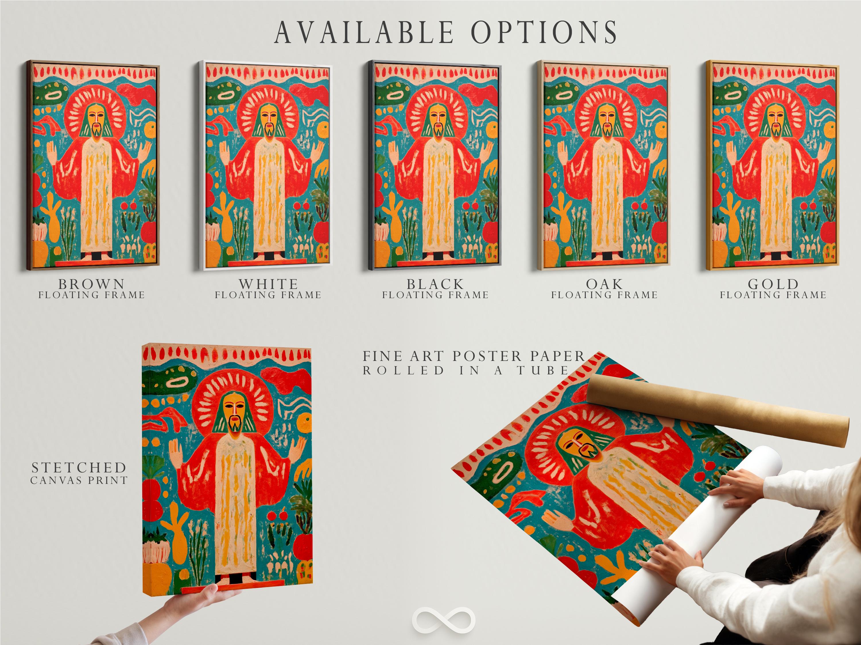 Religious sacred figure artwork displayed above a decorative console in a living room