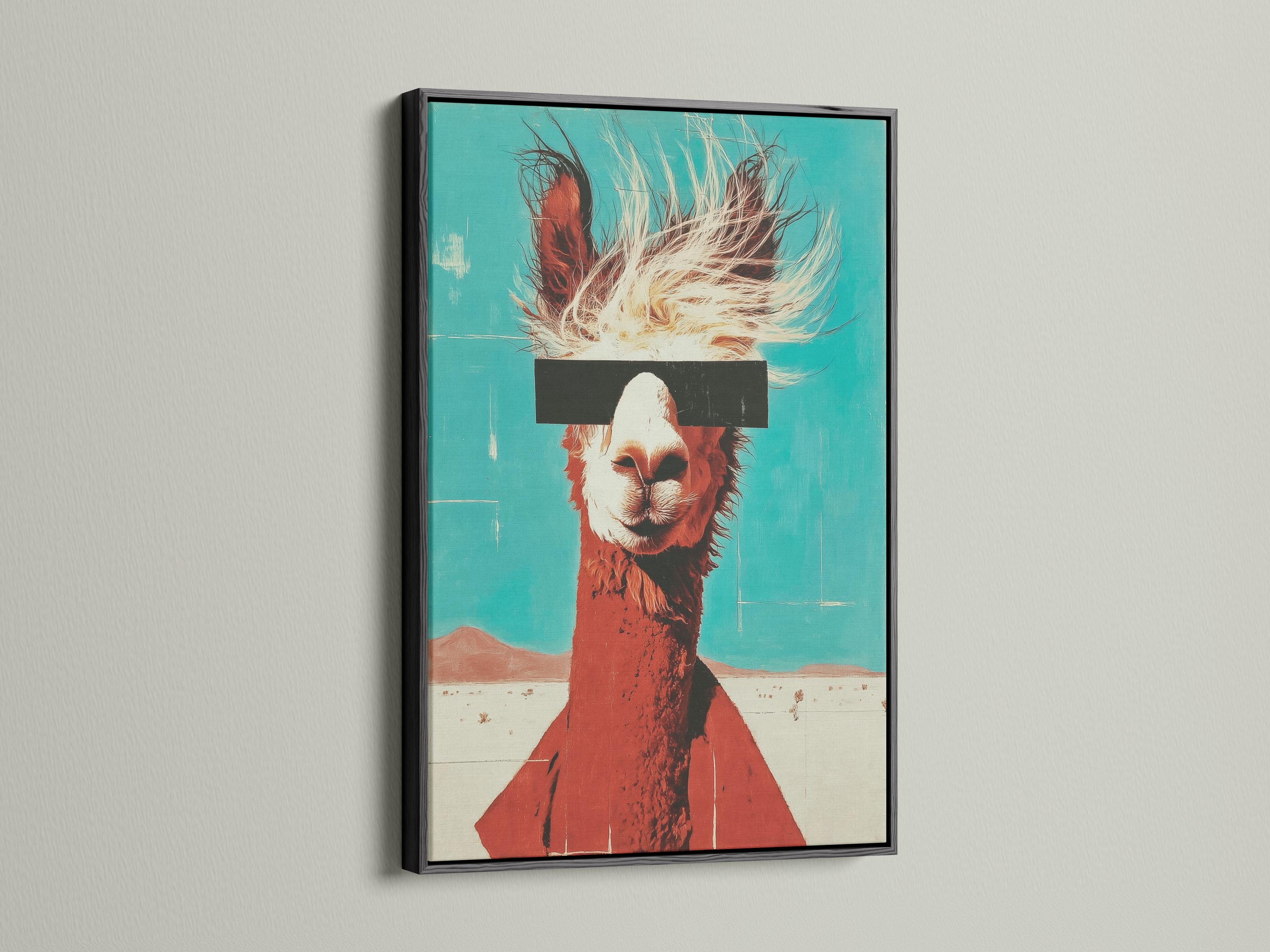 Stylised llama portrait on a turquoise background with rust-brown body and cream fur lines detail view