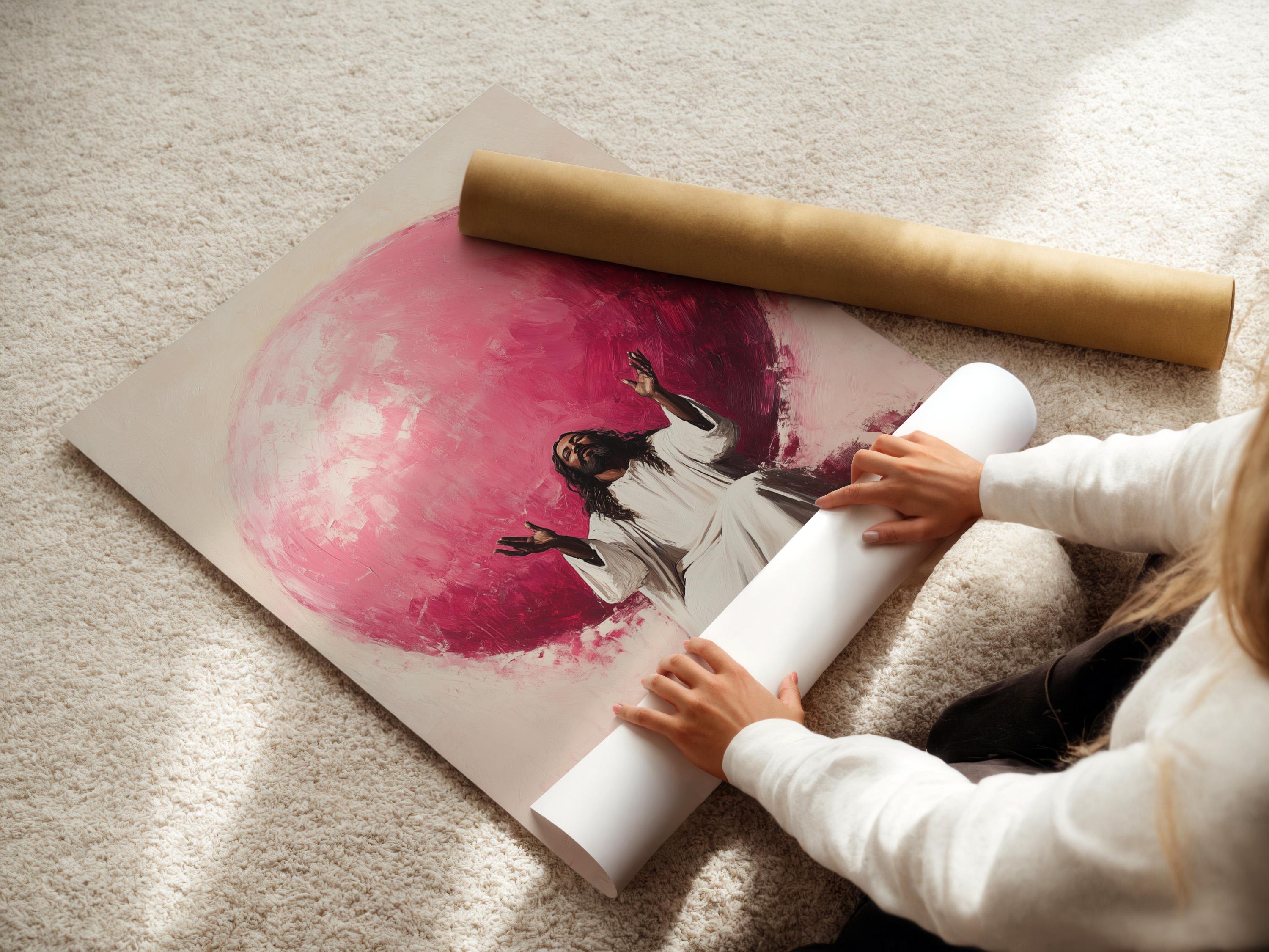 Seated robed figure with raised hands beneath a large glowing pink orb on a beige background detail view