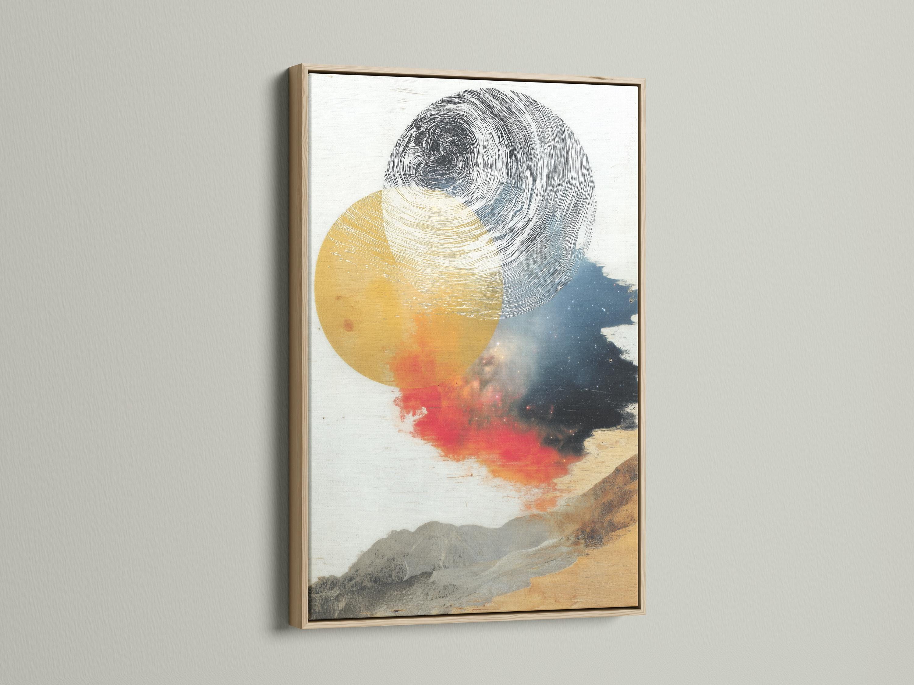 Ochre, grey and blue abstract landscape with swirling wave linework and overlapping circles detail view