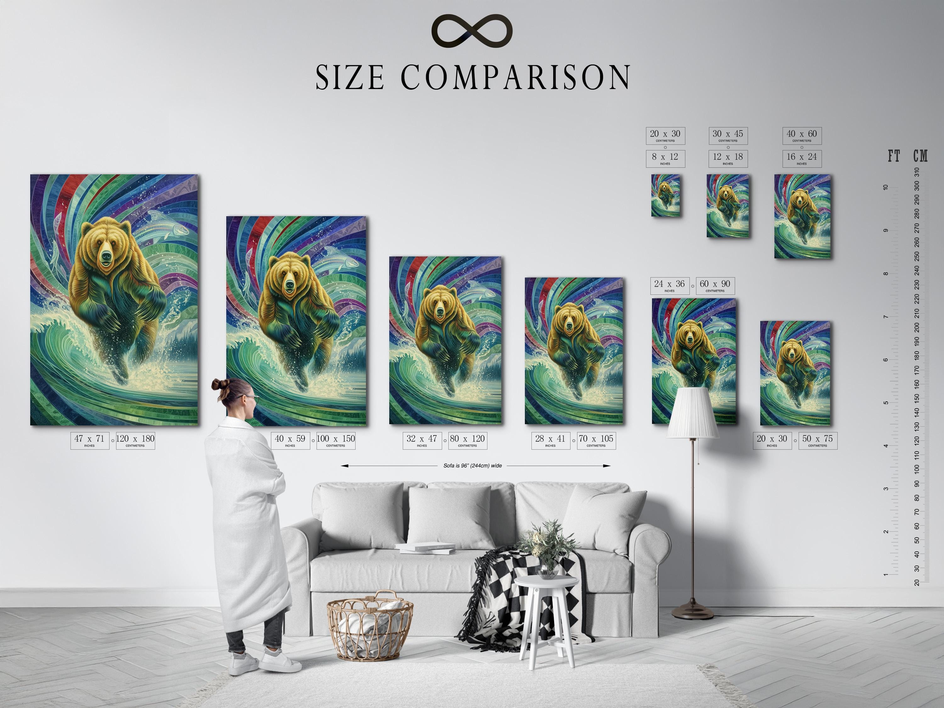 Framed artwork mockup showing a grizzly bear within colourful wave patterns and a fish