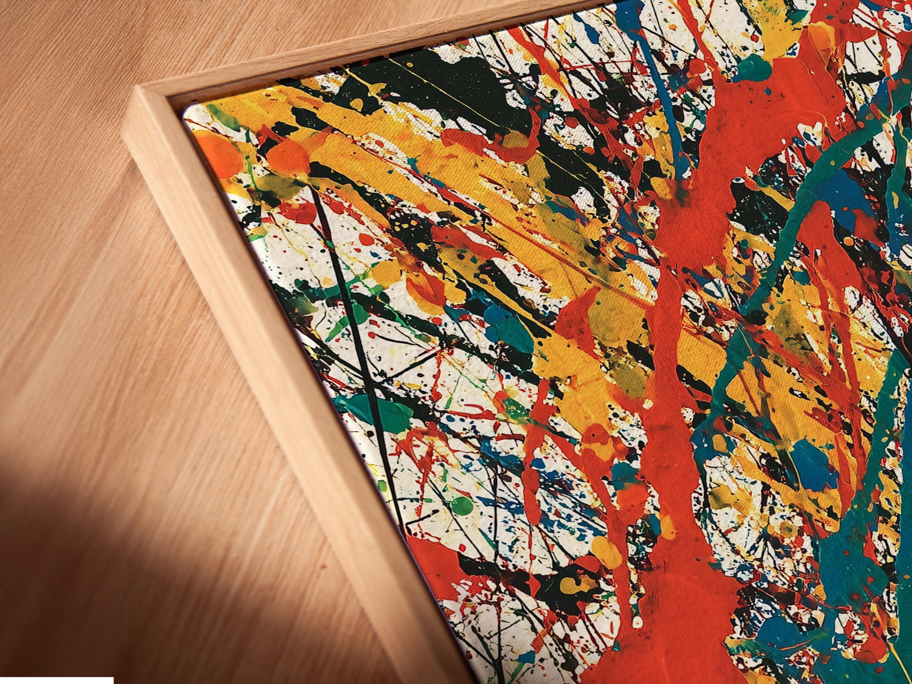Room mockup showing an abstract expressionist artwork with red, teal, yellow and black splatters
