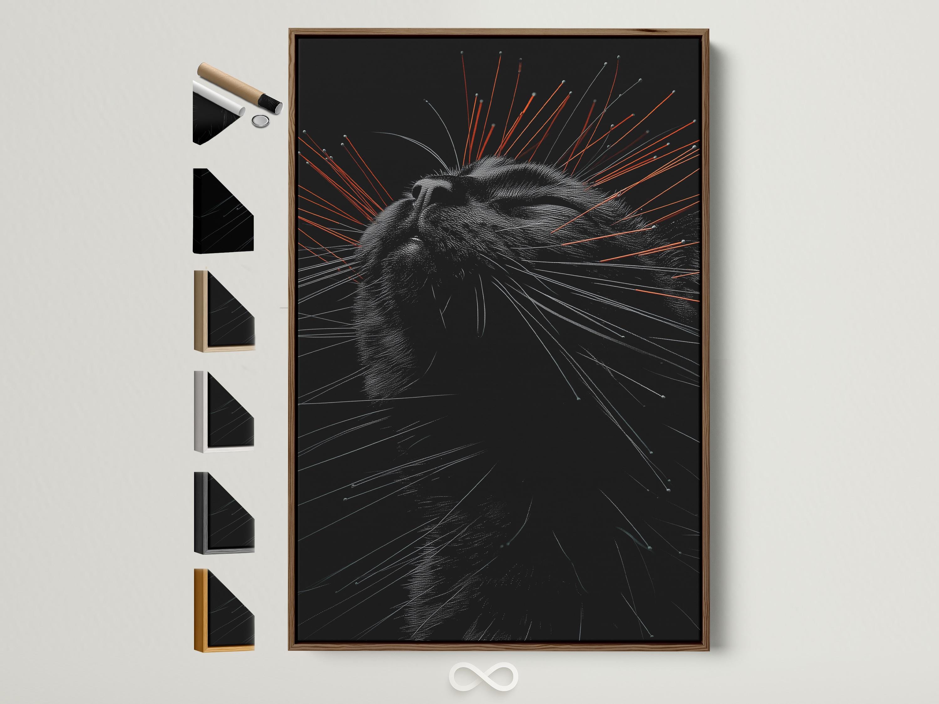Stylised black cat portrait with radiating grey lines and orange streak accents