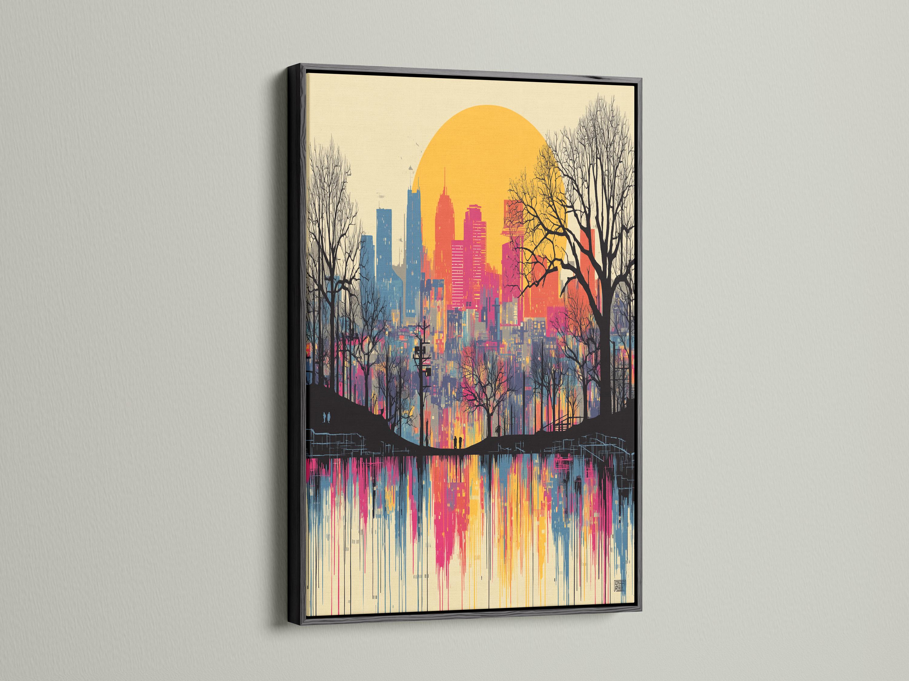 Sunset city skyline artwork in pink and blue with leafless trees and reflective water detail view