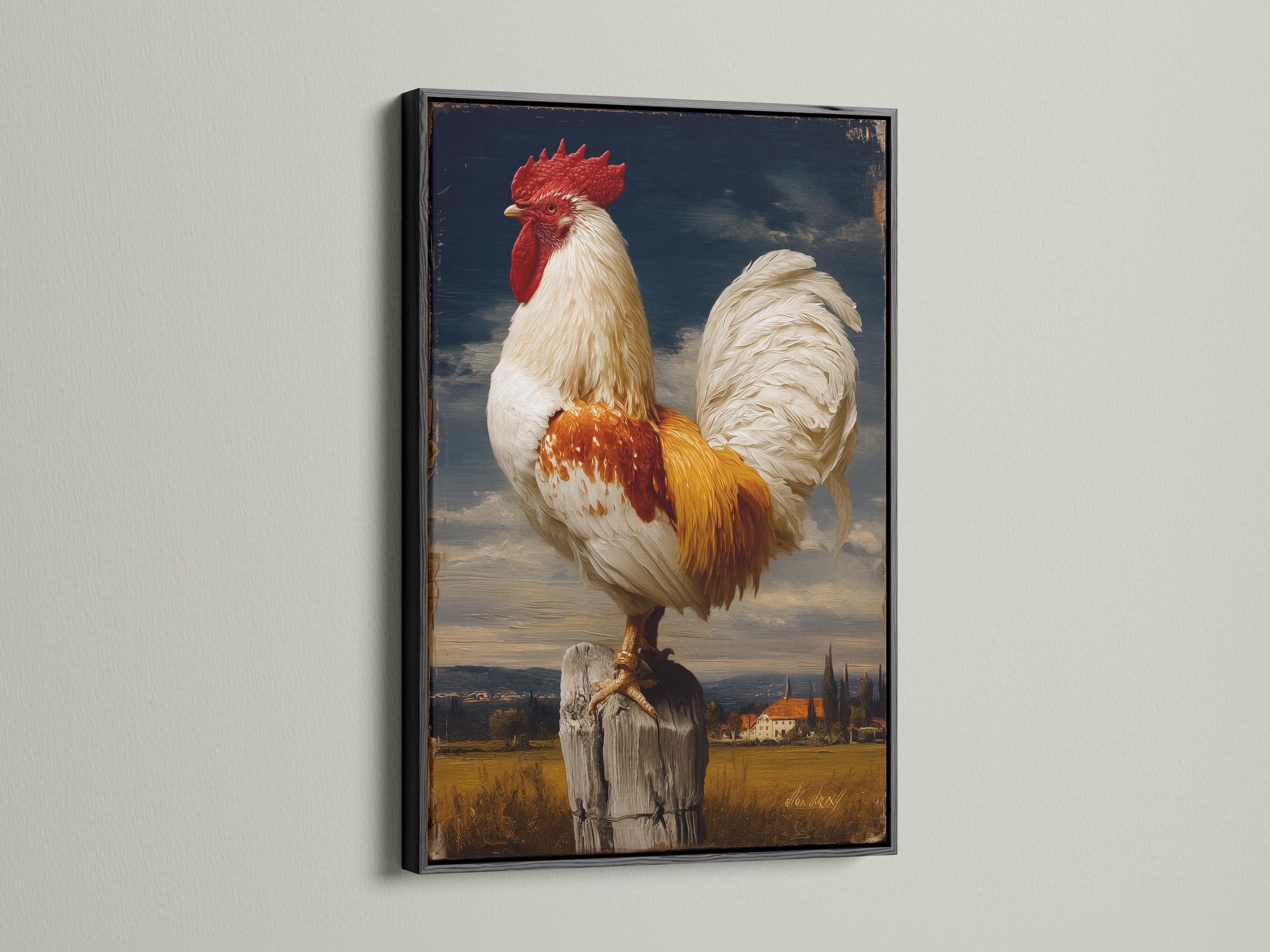 Vintage rooster portrait with red comb and pale feathers in a countryside landscape detail view
