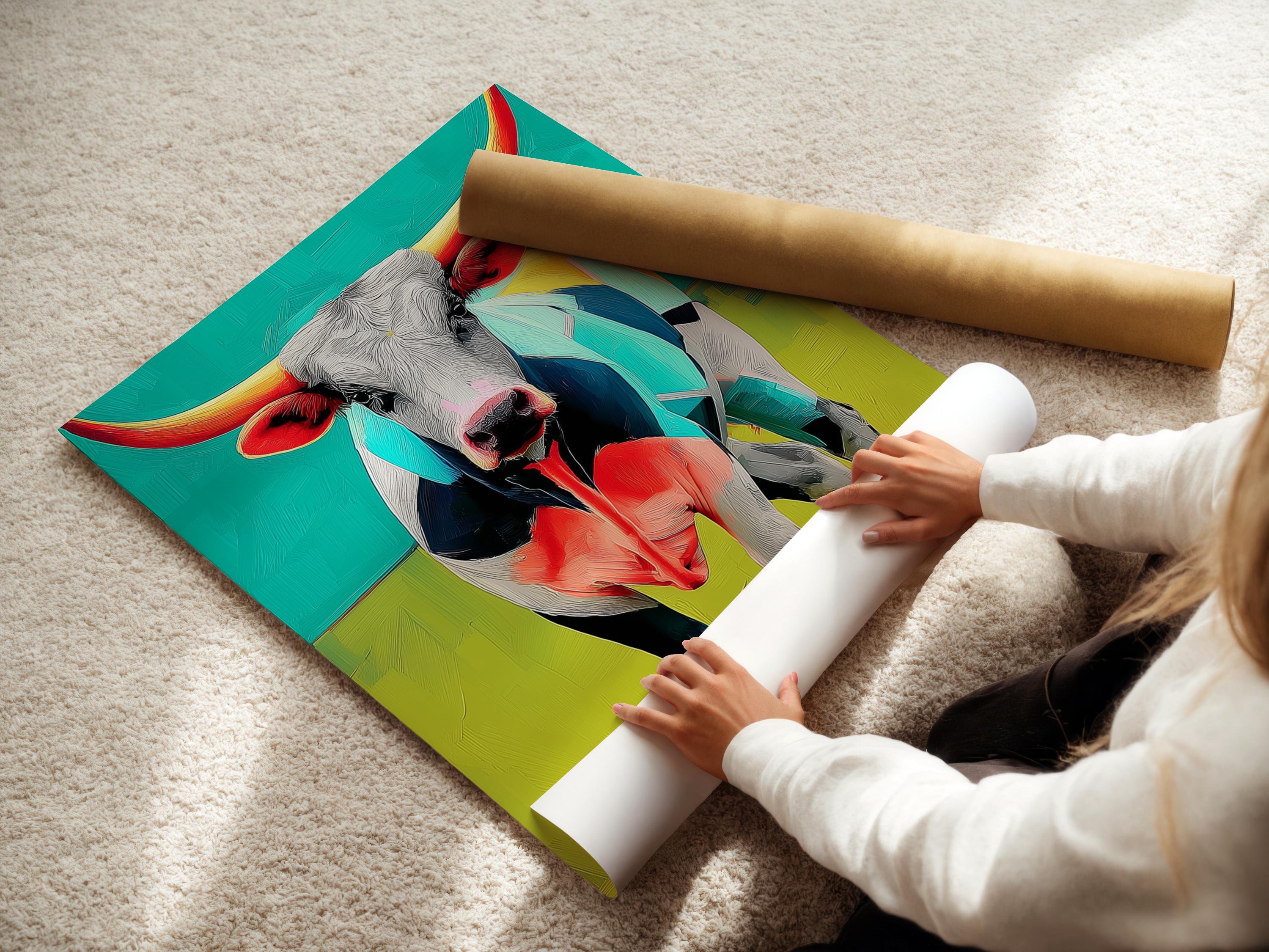 Room mockup with a framed longhorn steer artwork on a wall above a green upholstered sofa and dining table
