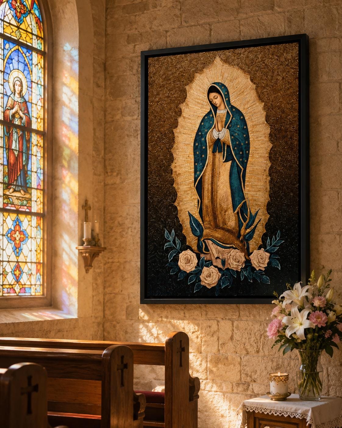 Woman praying beside a framed Virgin Mary portrait on a wall above a table with candles and flowers