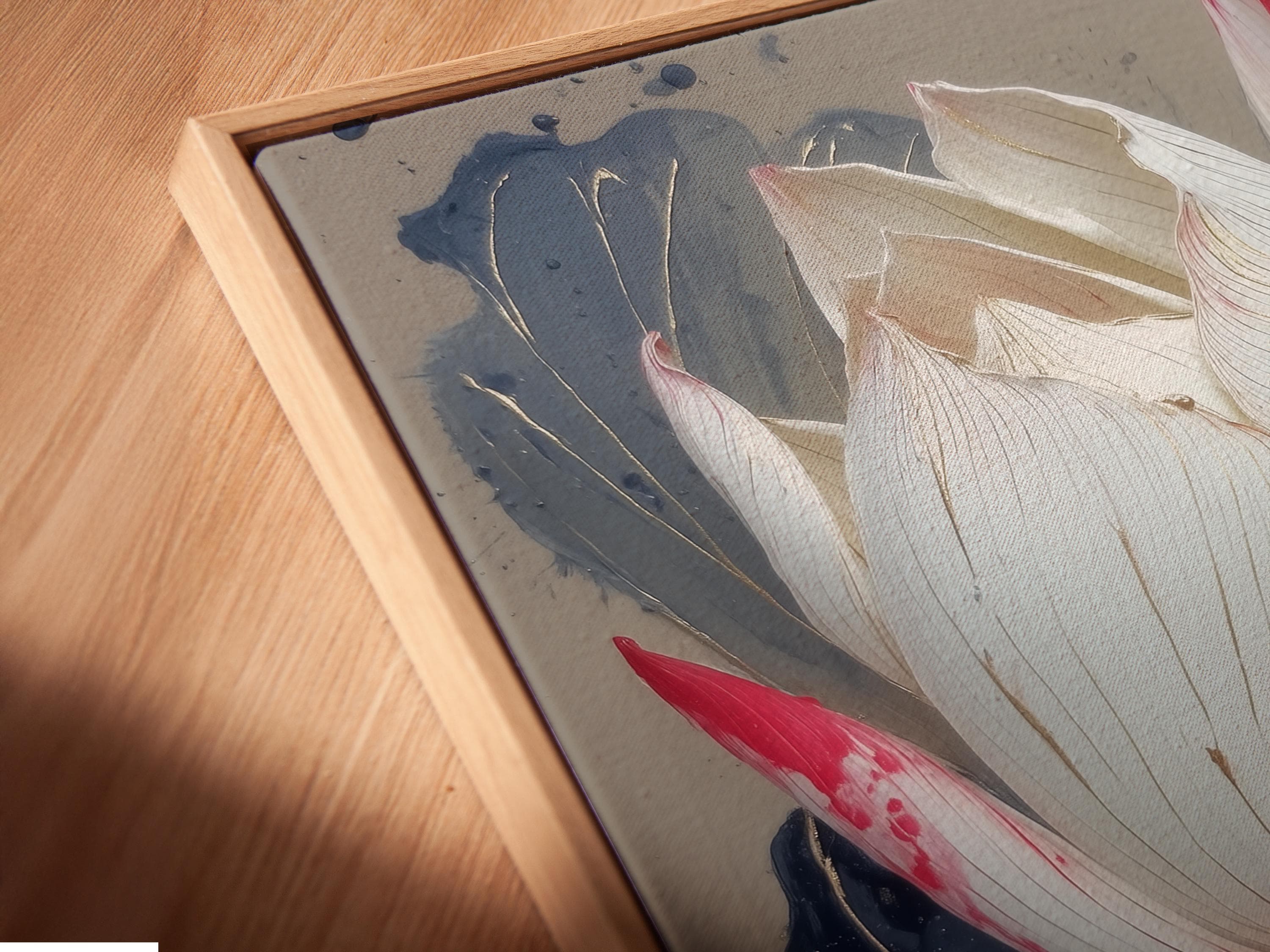 Lotus flower painting with white and red petals over deep blue leaves and gold speckles detail view