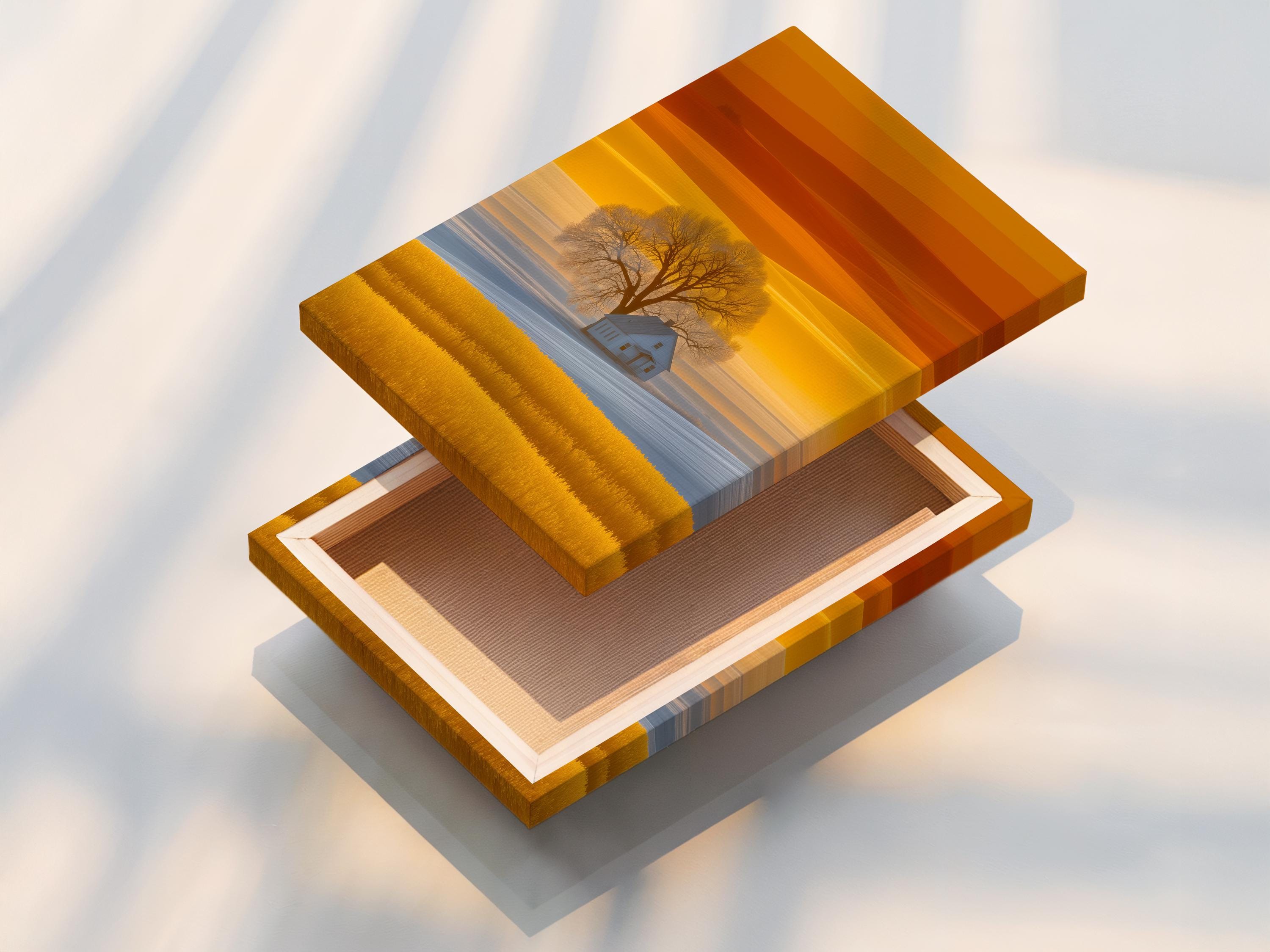Golden sunset countryside landscape with a leafless tree and a small farmhouse detail view