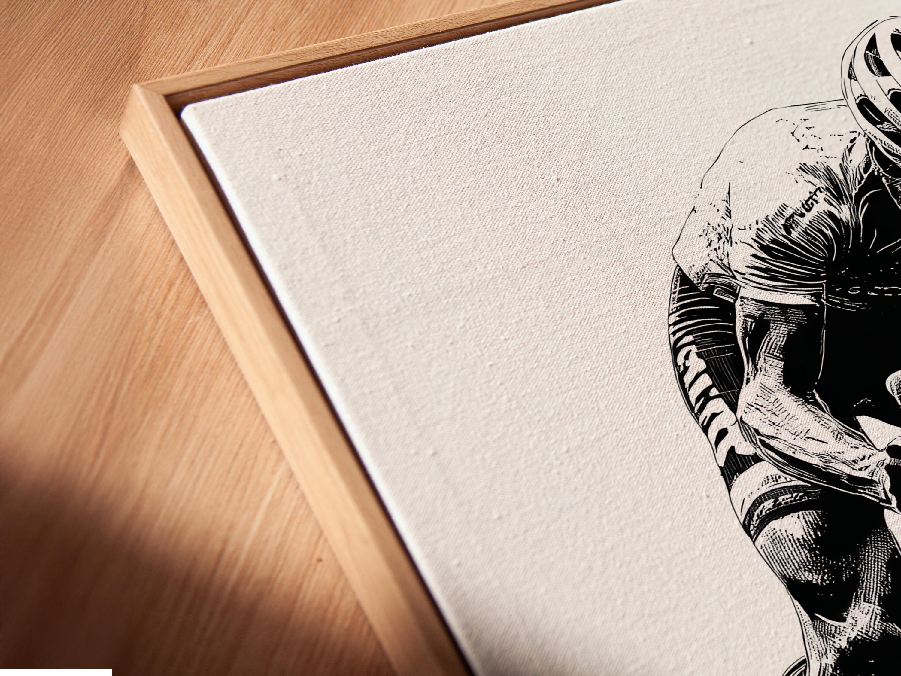 Room mockup showing a framed black and white cyclist illustration on a wall
