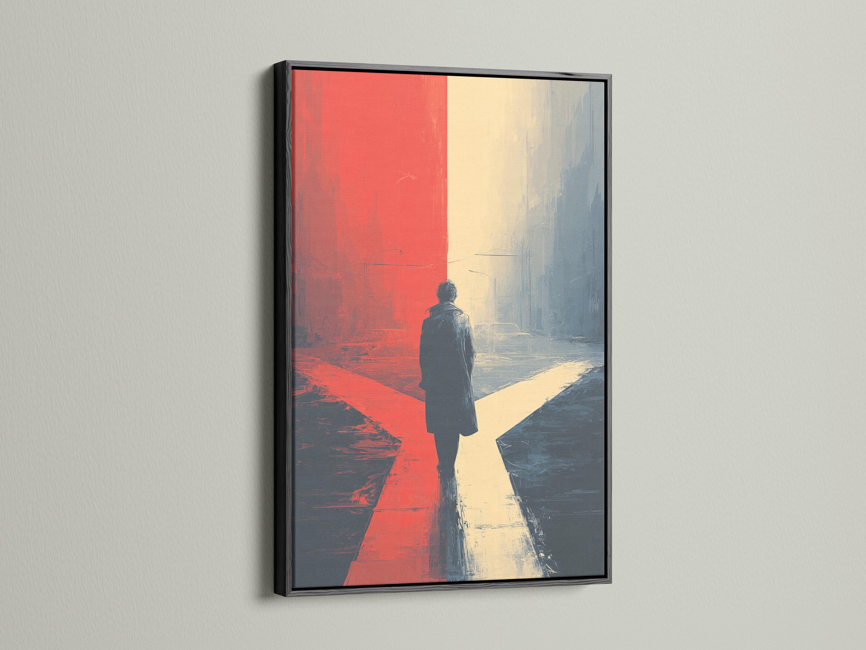 Portrait artwork showing a solitary figure walking away through a red and blue urban-style scene detail view