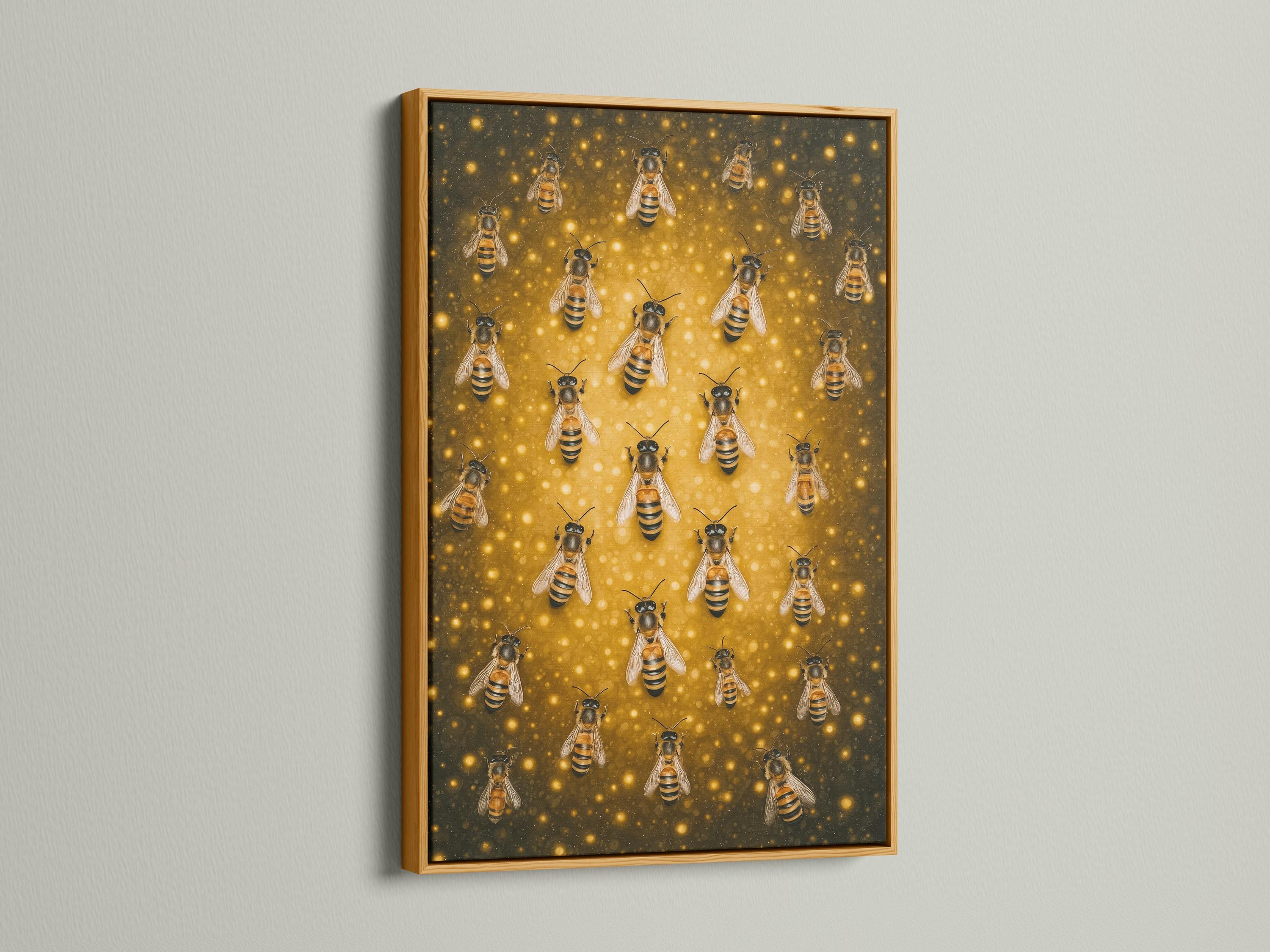 Illustrated bees with black and yellow stripes on a warm golden honeycomb-like background detail view