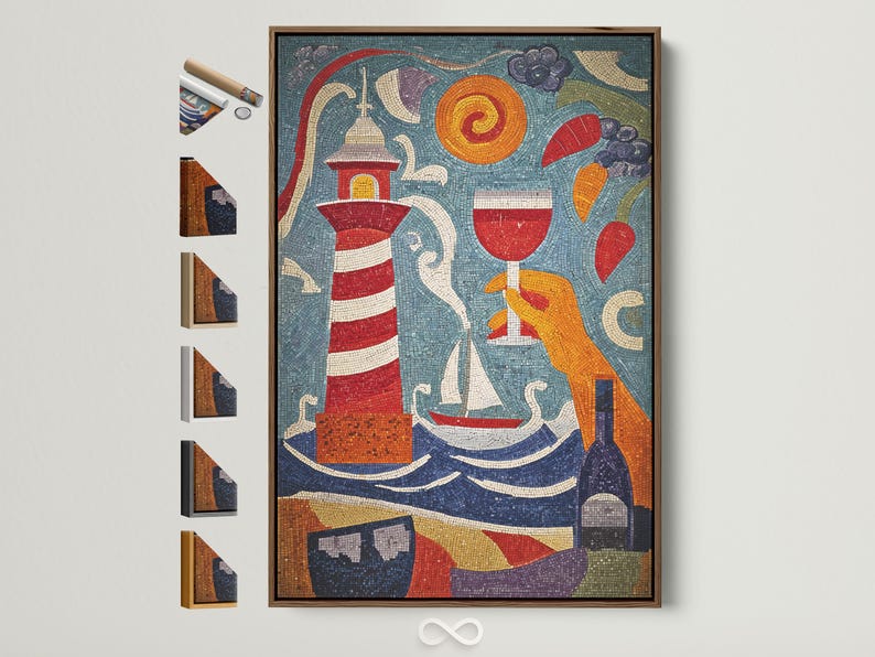 Mosaic lighthouse scene with curved waves in blue, red, white and gold tiles