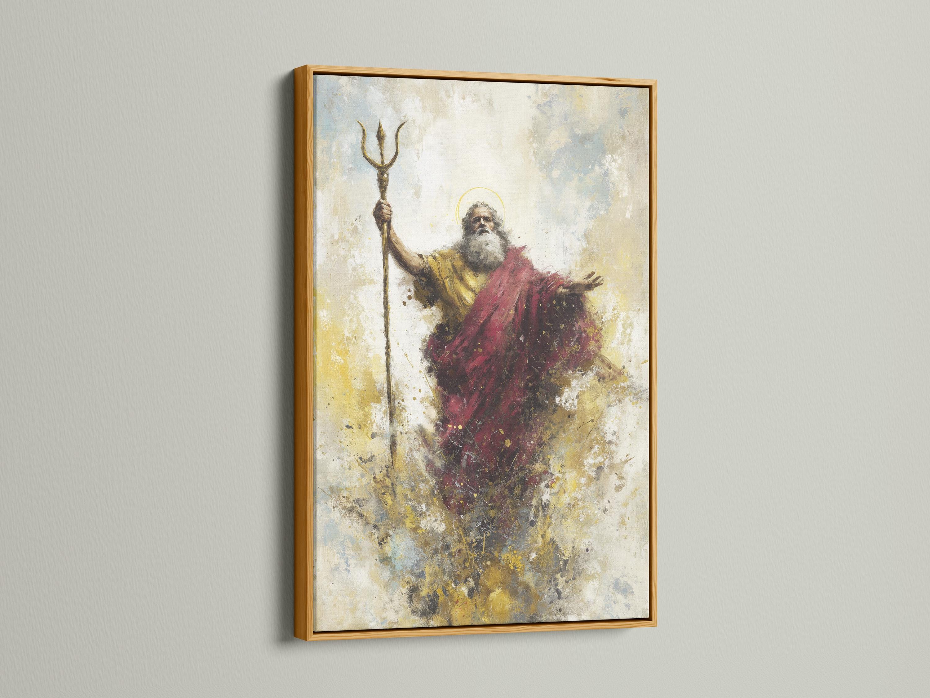Mythological bearded figure holding an upright trident, wearing a red cloak on a textured beige background detail view