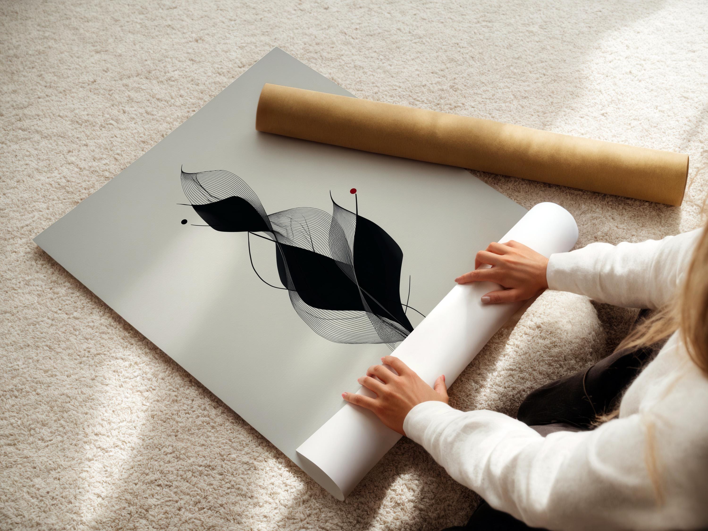 Monochrome abstract flower line art with layered black petals, fine curves and a small red dot detail view