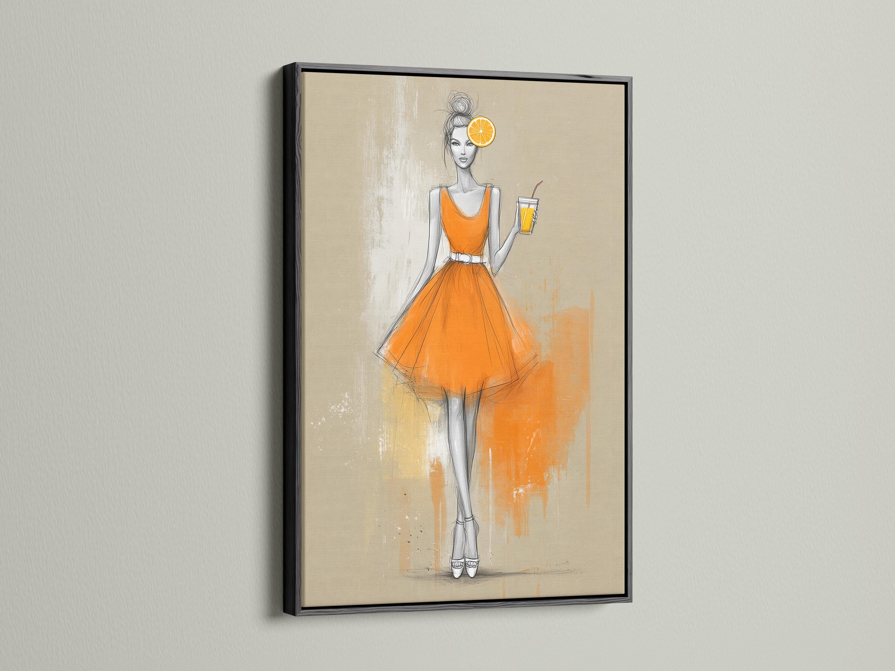 Fashion sketch of a woman in an orange dress holding a drink with an orange citrus slice above her head detail view