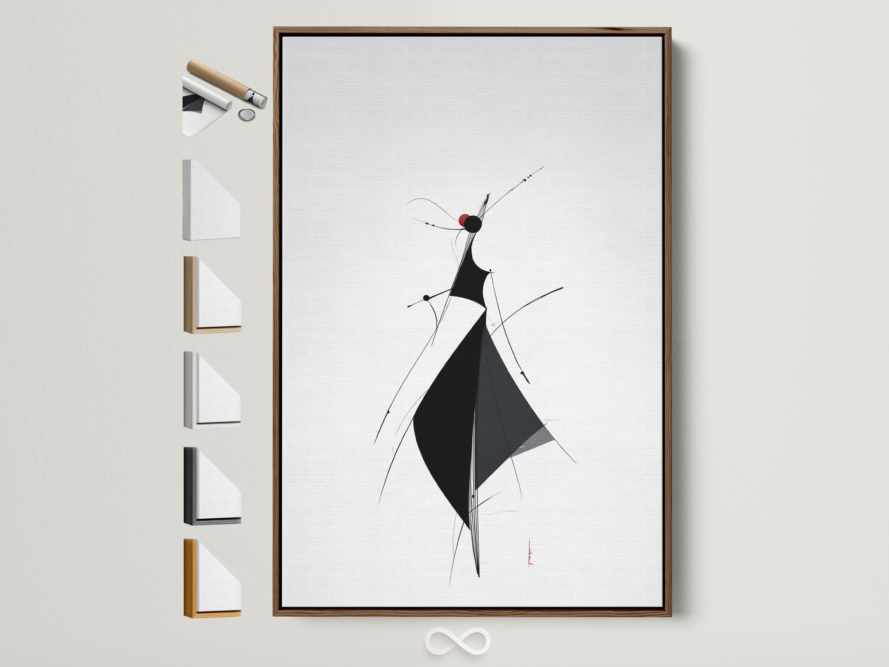 Minimalist line figure artwork with black shapes and deep red accents on a light background