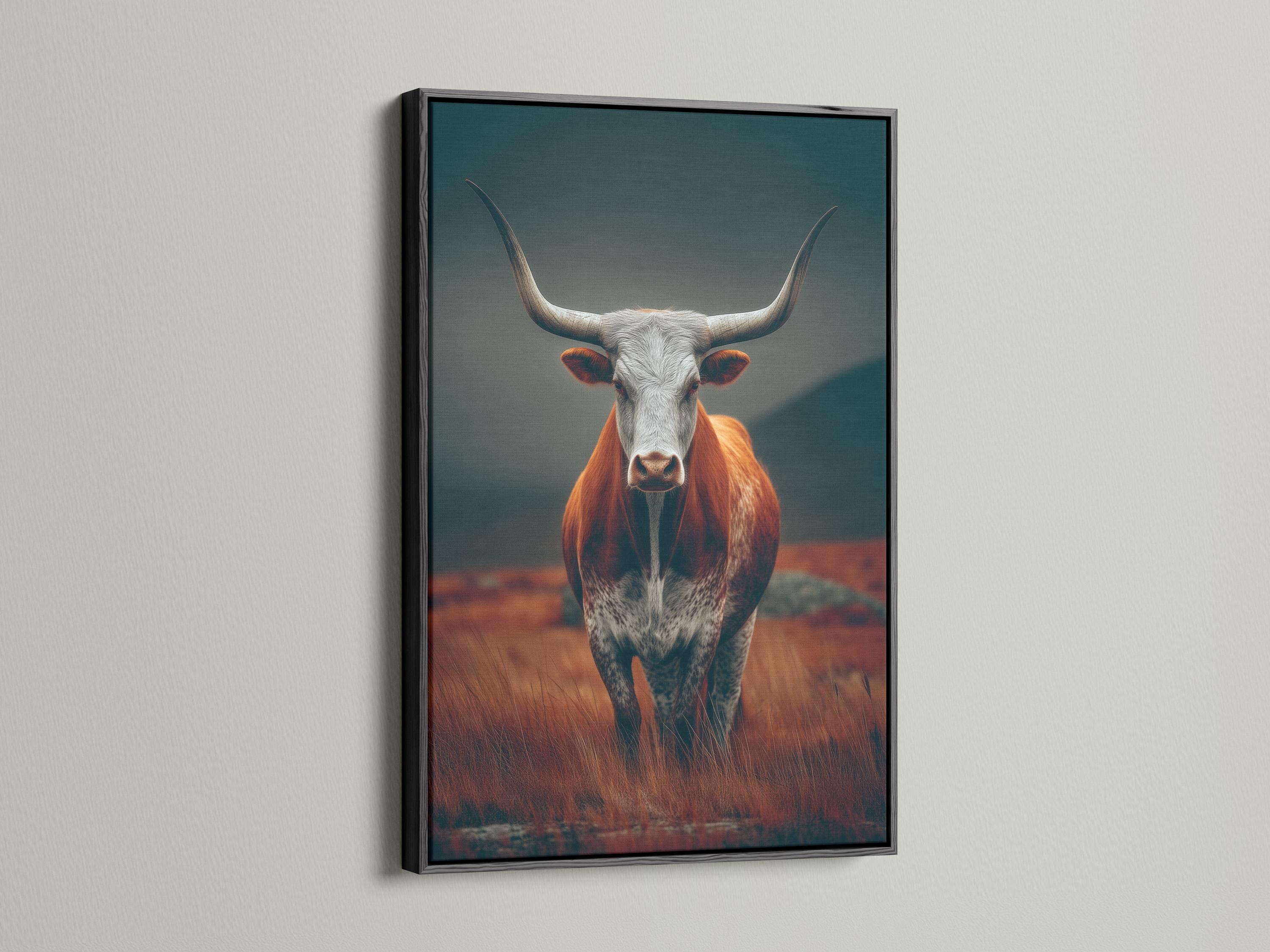 Longhorn cow artwork displayed in a framed mockup with teal and rust tones