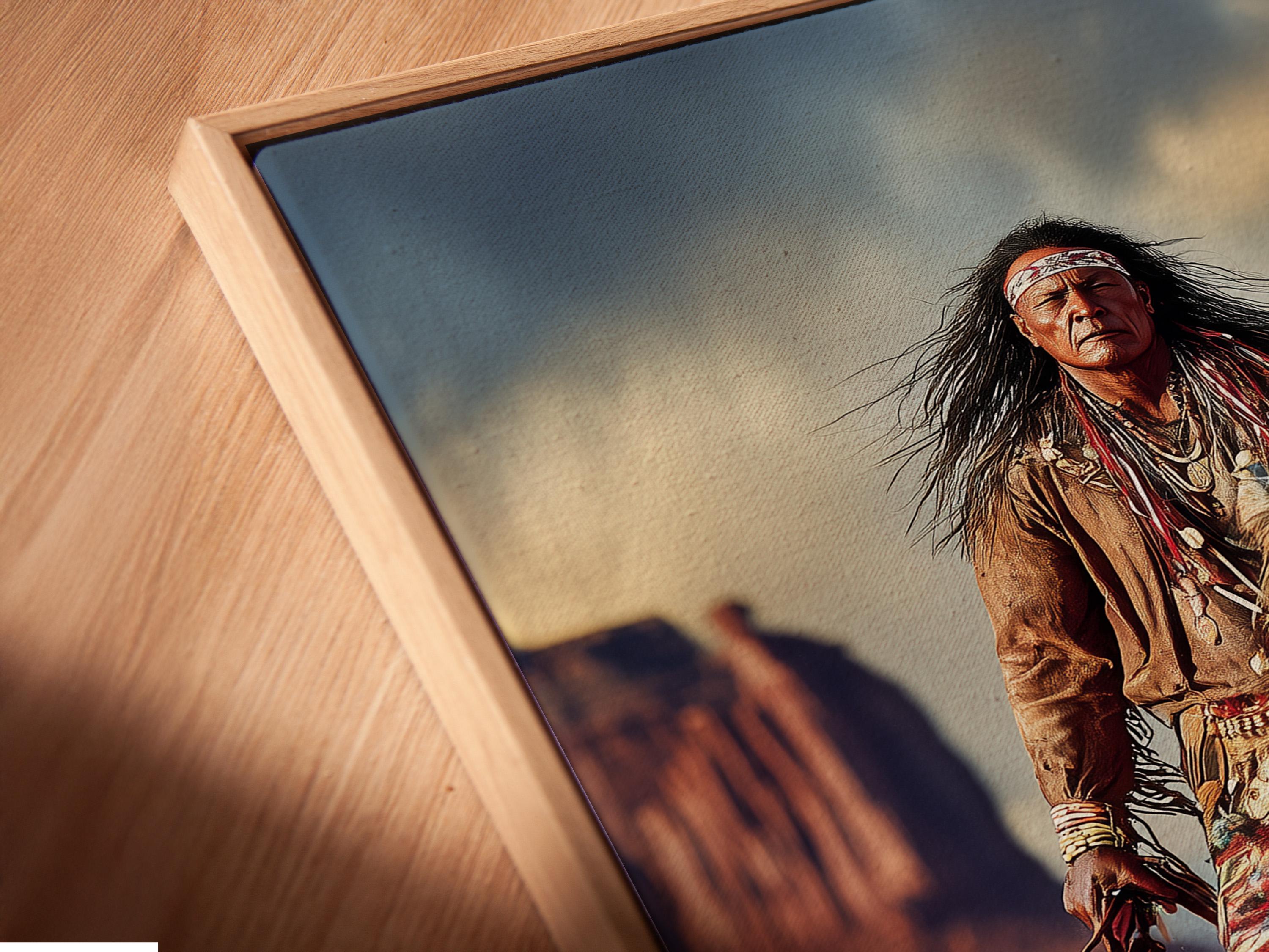 Artwork featuring a rider on a white horse charging through a dusty desert landscape, shown in a room mockup