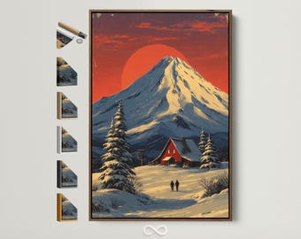Puede incluir: Impresión en lienzo enmarcada que representa un paisaje montañoso nevado con un sol rojo. Una cabaña roja se encuentra al pie de la montaña, con dos figuras caminando en la nieve. La obra de arte está enmarcada en un marco de madera marrón oscuro.