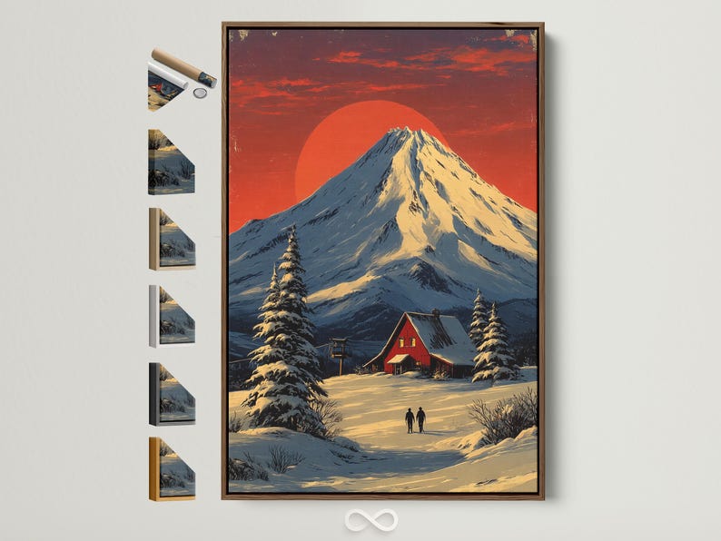 Illustrated winter mountain landscape with a snowy peak, red cabin, pine trees and two silhouettes walking