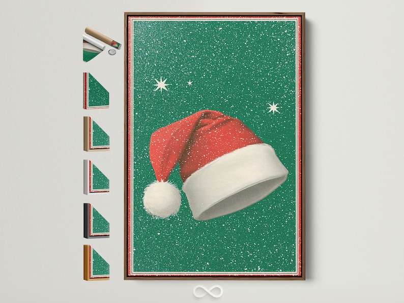 Illustration of a retro Santa hat with cream pom-pom on a speckled emerald green background
